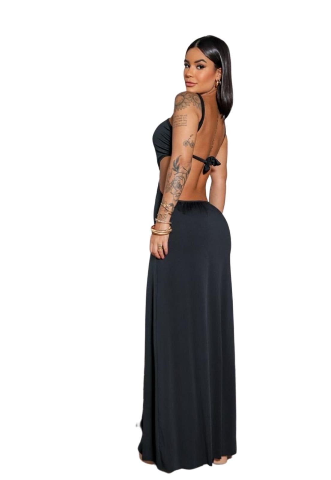 Vista 2 Vestido Longo Fluity Nataly Abertura Cia do Vestido preto