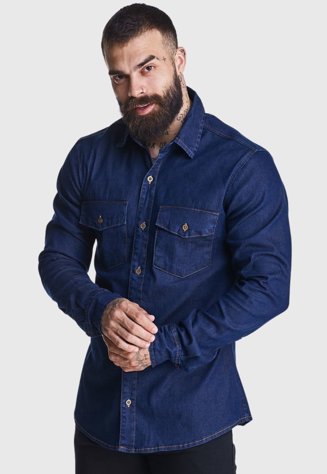 Vista 2 Camisa Jeans HNO Jeans Premium Slim 2 Bolsos HNO Jeans azul marinho