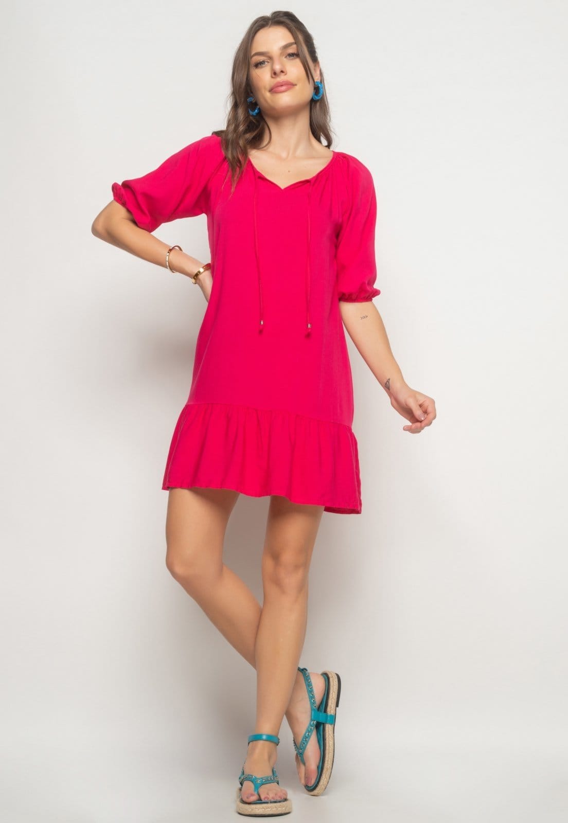 Vista principal Vestido Curto Viscolinho Com Babado Salvatore Fashion Salvatore Fashion rosa