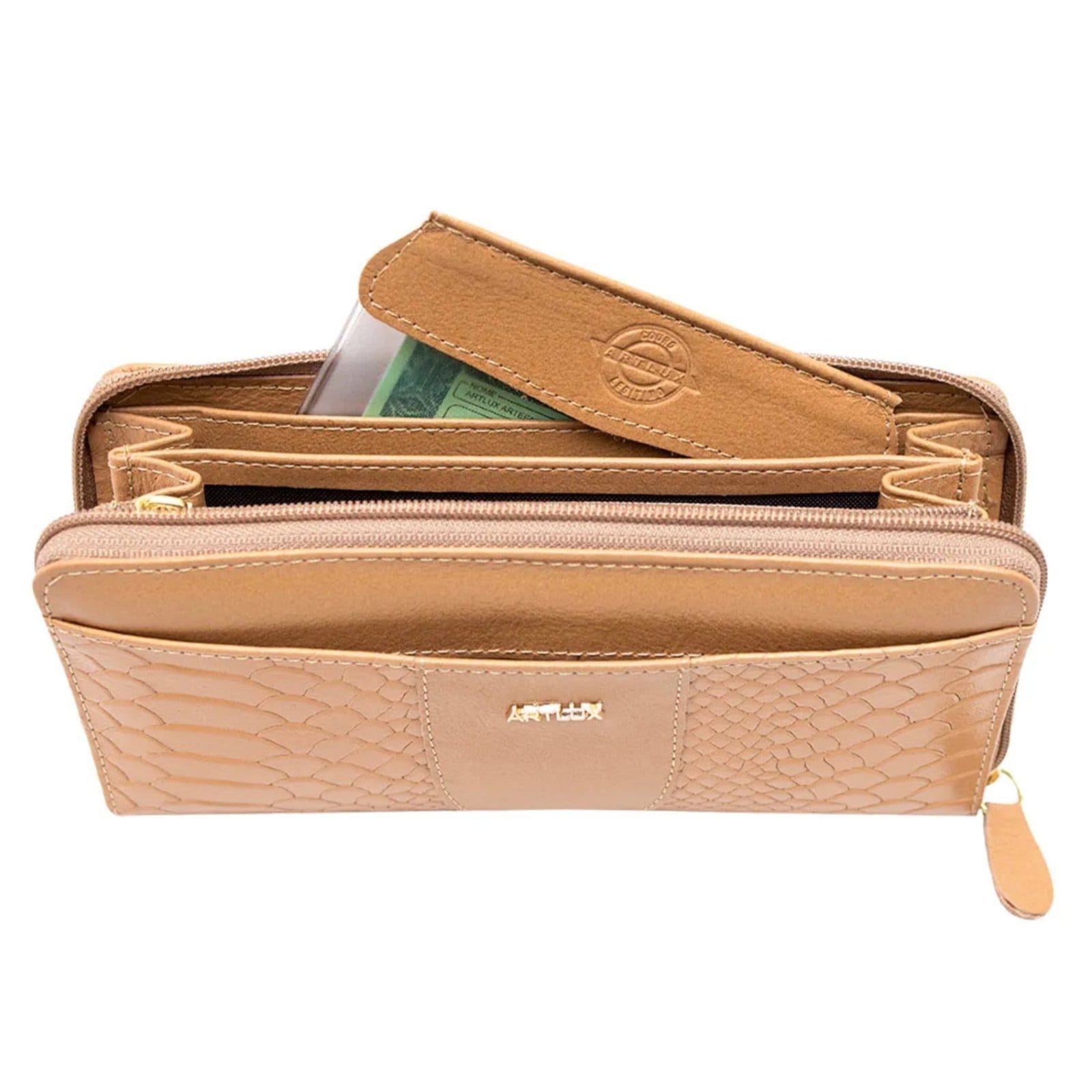 Vista 2 Carteira Anti Furto com Zíper Feminina em Couro Artlux 351 Amêndoa Artlux caramelo