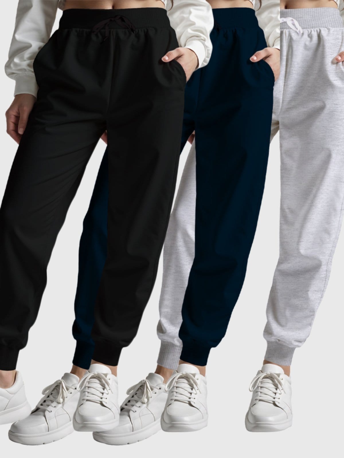 Vista principal Kit 3 Calças Moletom Femininas Básicas Lisas Benellys Preto Marinho Benellys cinza