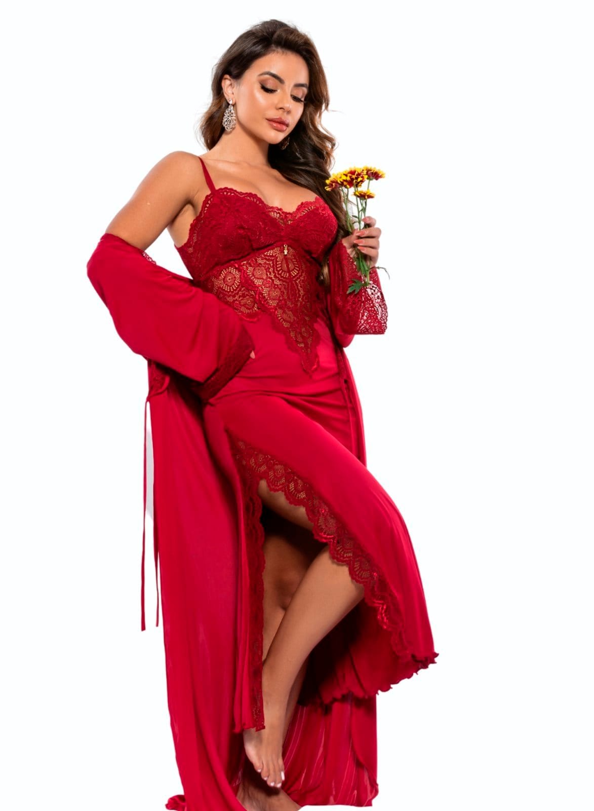 Robe Gabi Lingerie Longo Microfibra Rendado Cereja