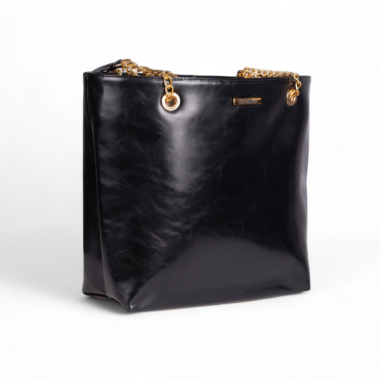 Vista 2 Bolsa Tote Bag Feminina Preta Domidona Grande Alça Dupla Detalhes Dourados Domidona preto