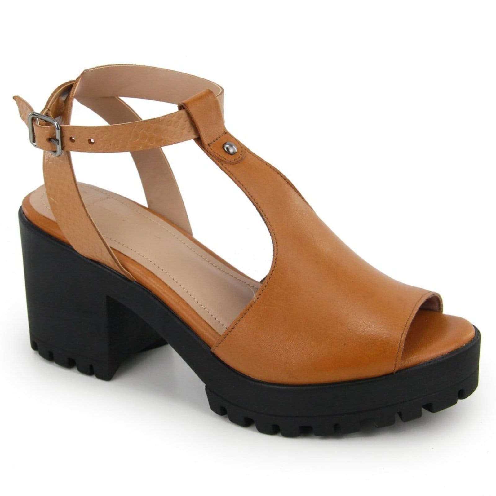 Vista 2 Sandália Feminina Salto Bloco Tratorada em Couro Maria Paula Terra Cota MARIA PAULA caramelo