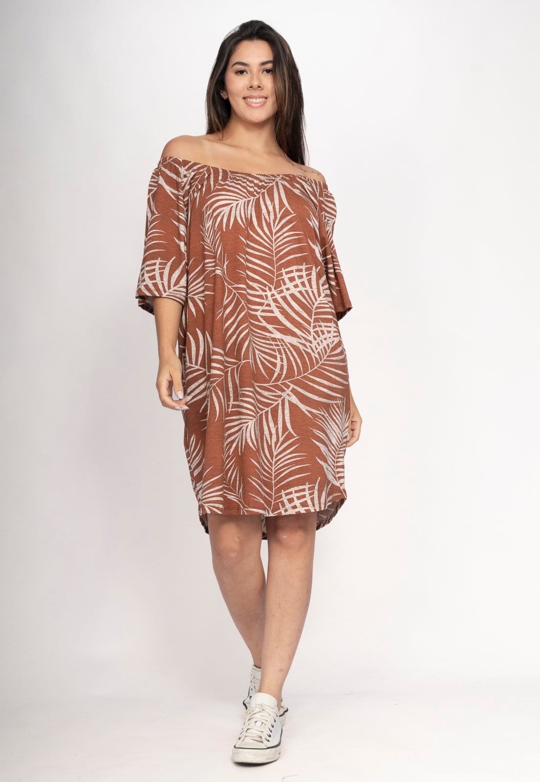 Vista 2 Vestido CabanaFree Curto Malha Ombro a Ombro Mullet Amplo Palmas da Terra Cabanafree estampado