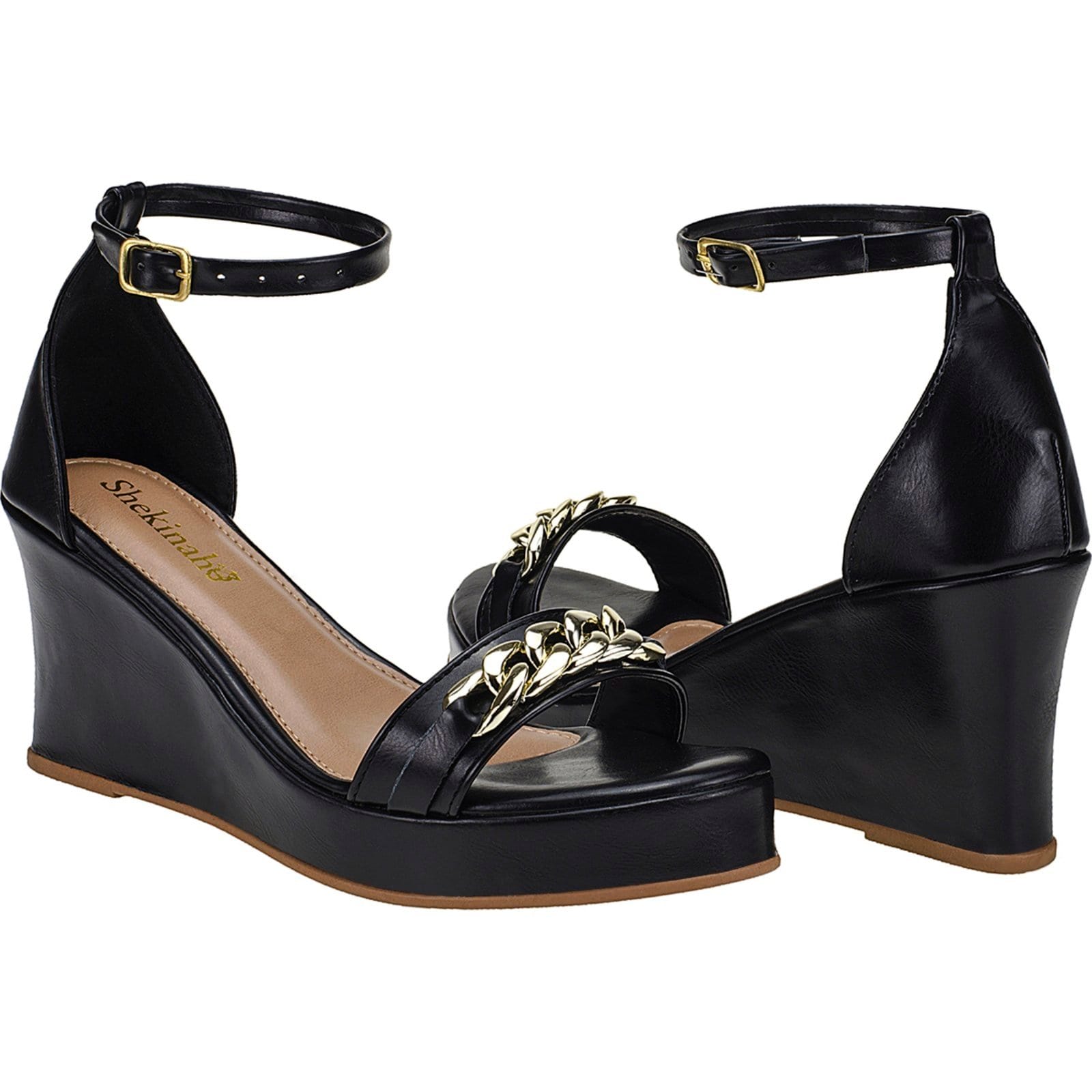 Sandália Feminina Salto Anabela Plataforma Bico Redondo Shekinah Detalhe Enfeite Corrente