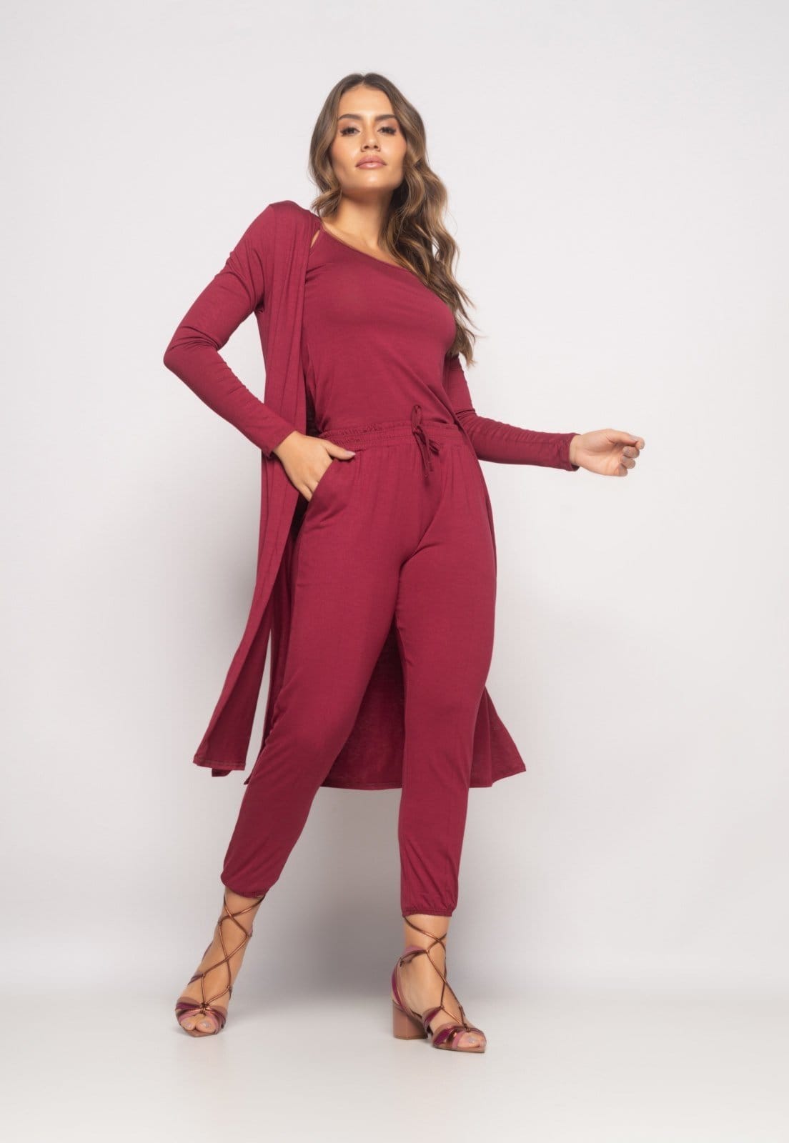 Vista 2 Conjunto Com Kimono, Regata e Jogger Malha Salvatore Vinho Salvatore Fashion vermelho