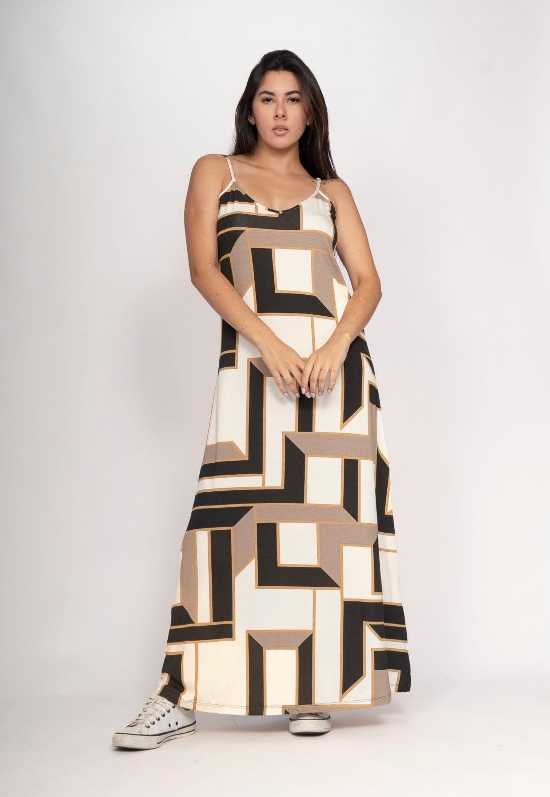 Vista 2 Vestido CabanaFree Guaíra Longo Malha Alça Fina Estampa Igaci Cabanafree estampado