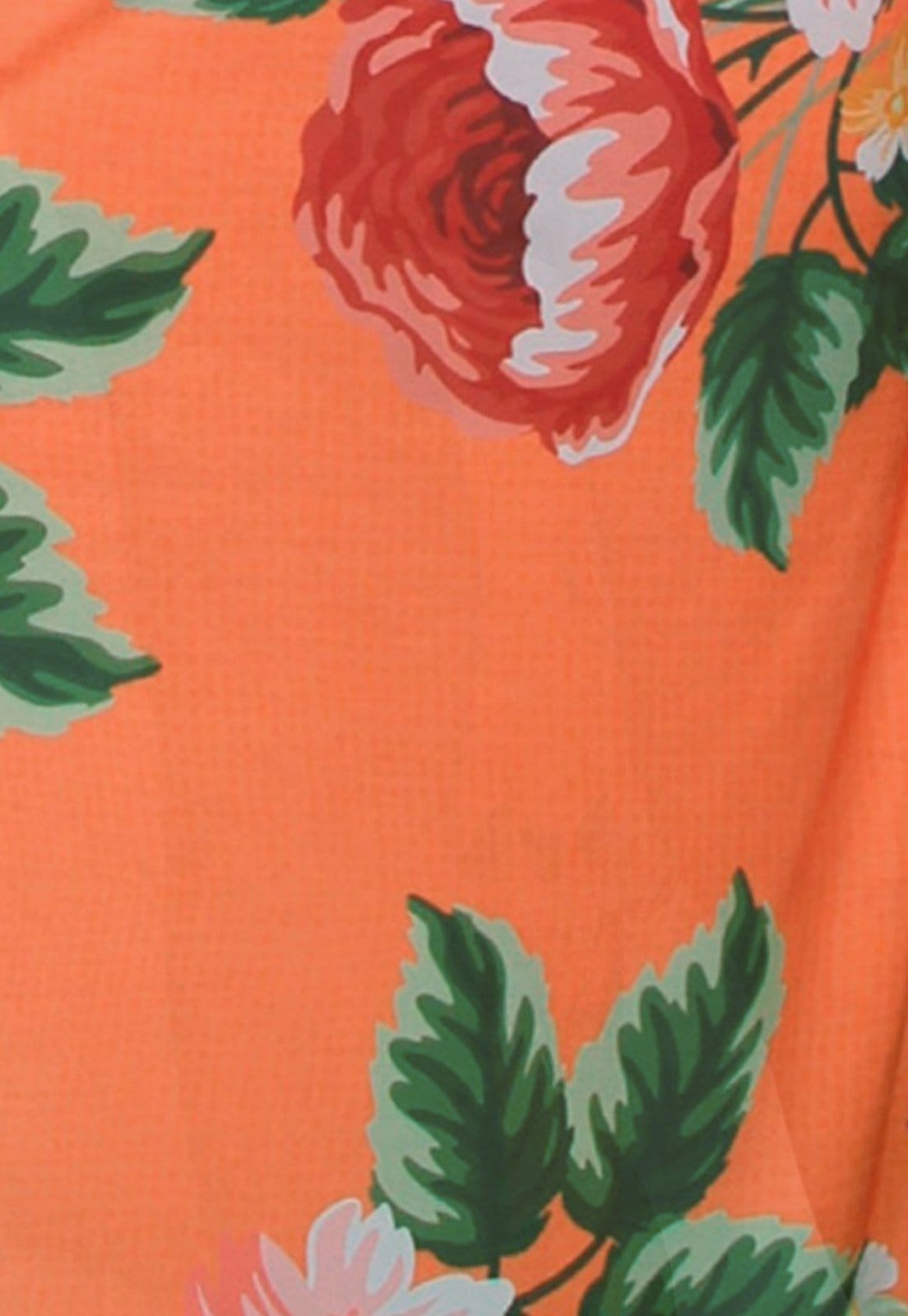 Vista 2 Vestido Longo Fendas Mangas Curtas Malha Fria com Elastano Estampa Exclusiva Flor Fundo 101 Resort Wear laranja