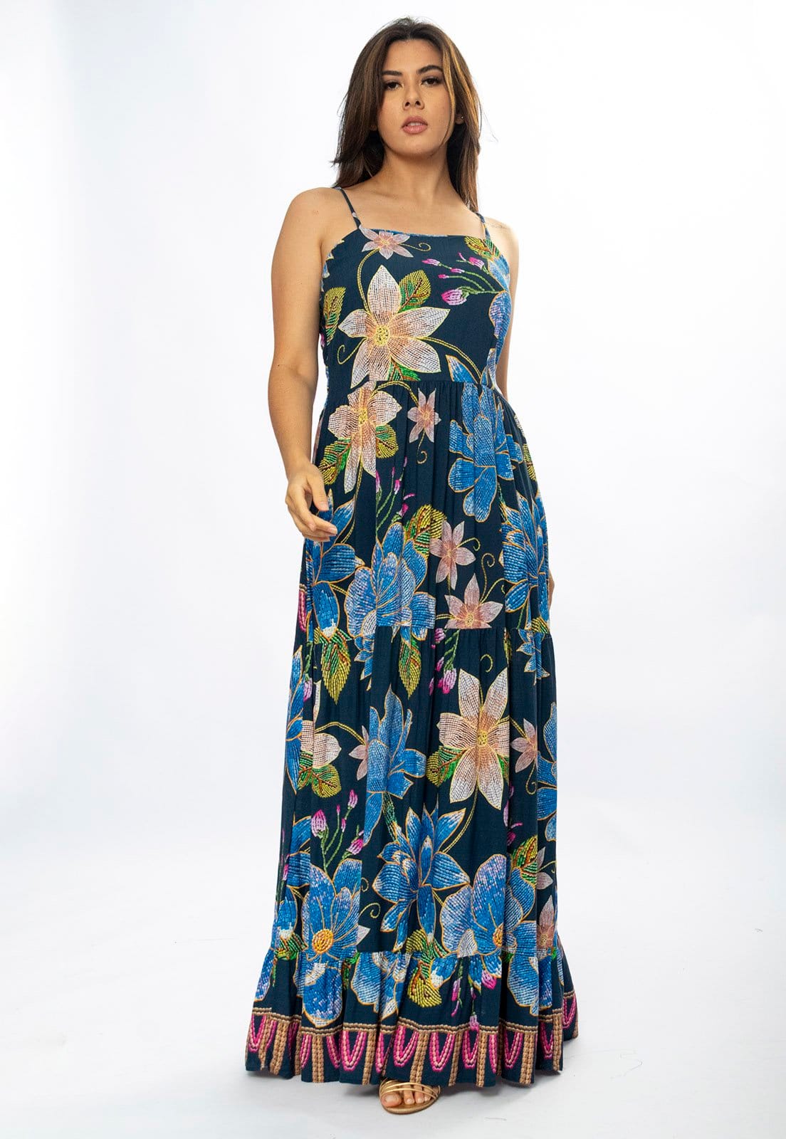 Vestido Longo Amazônia Vital Alça Fina Estampa Maré Floral
