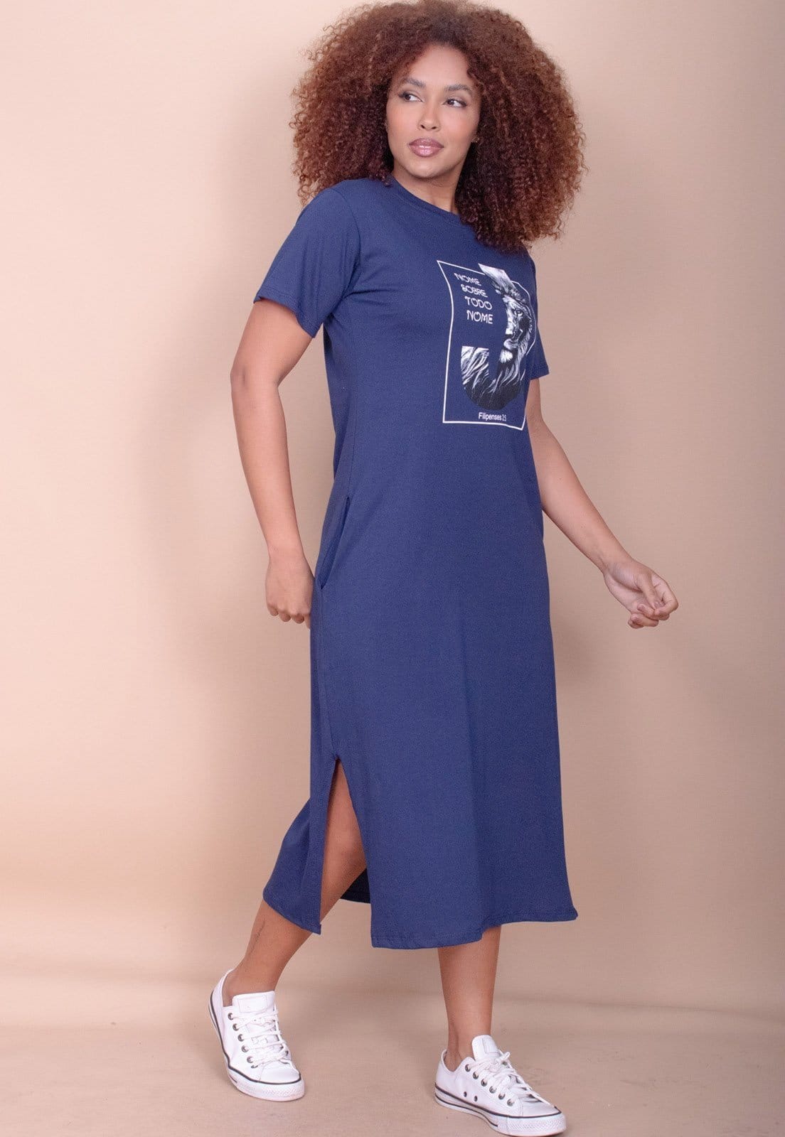 Vista 2 Vestido Cabanafree Midi Algodão Manga Curta Moda Evangélica Azul Cabanafree azul marinho