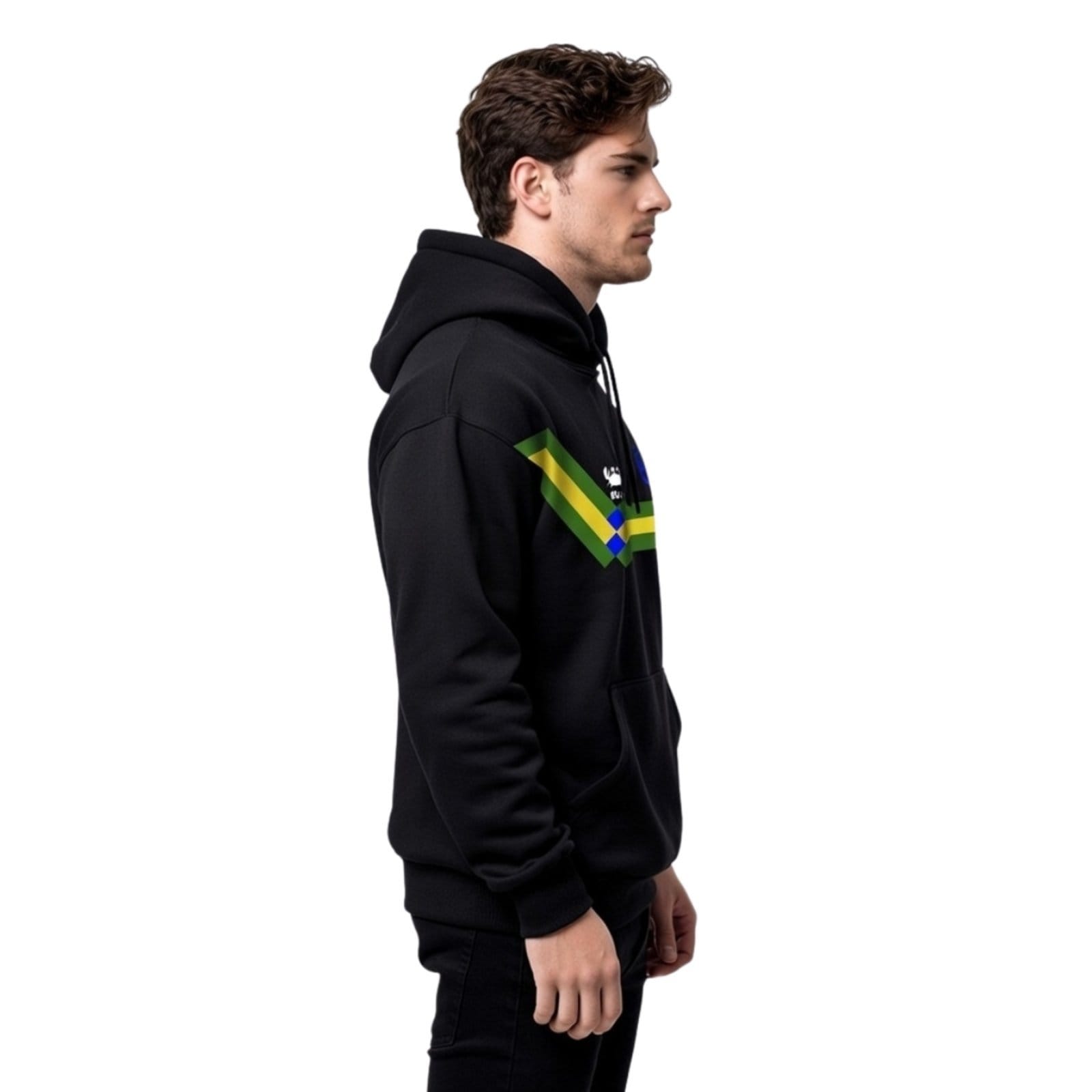 Vista 2 Moletom Modelo Canguru Com Capuz Masculino Estampado Faixa Brasil Relaxado preto