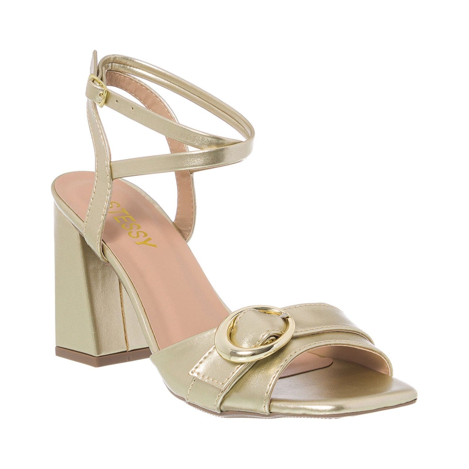 Vista 2 Sandália Feminina Stessy Bico Quadrado Salto Bloco Fivela Luxo Moda Dourado Stessy Shoes marrom