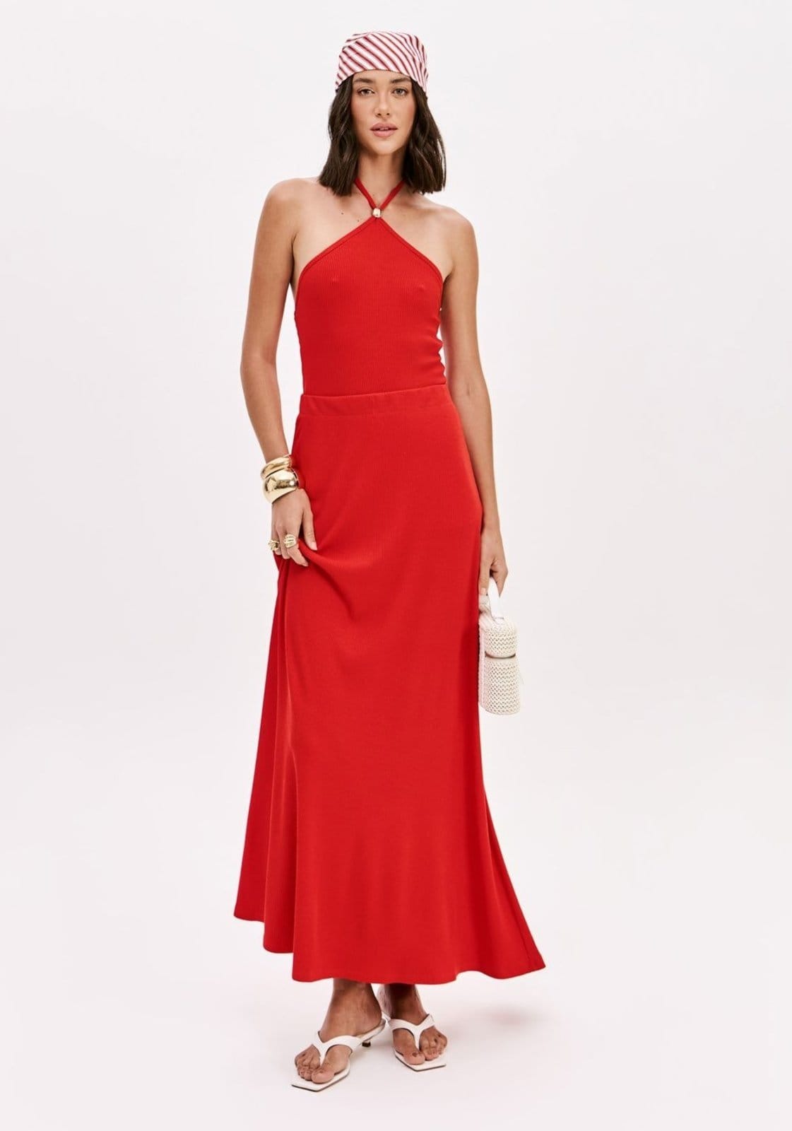 Vista principal Saia Canelada Evasê Super Midi Lança Perfume vermelho