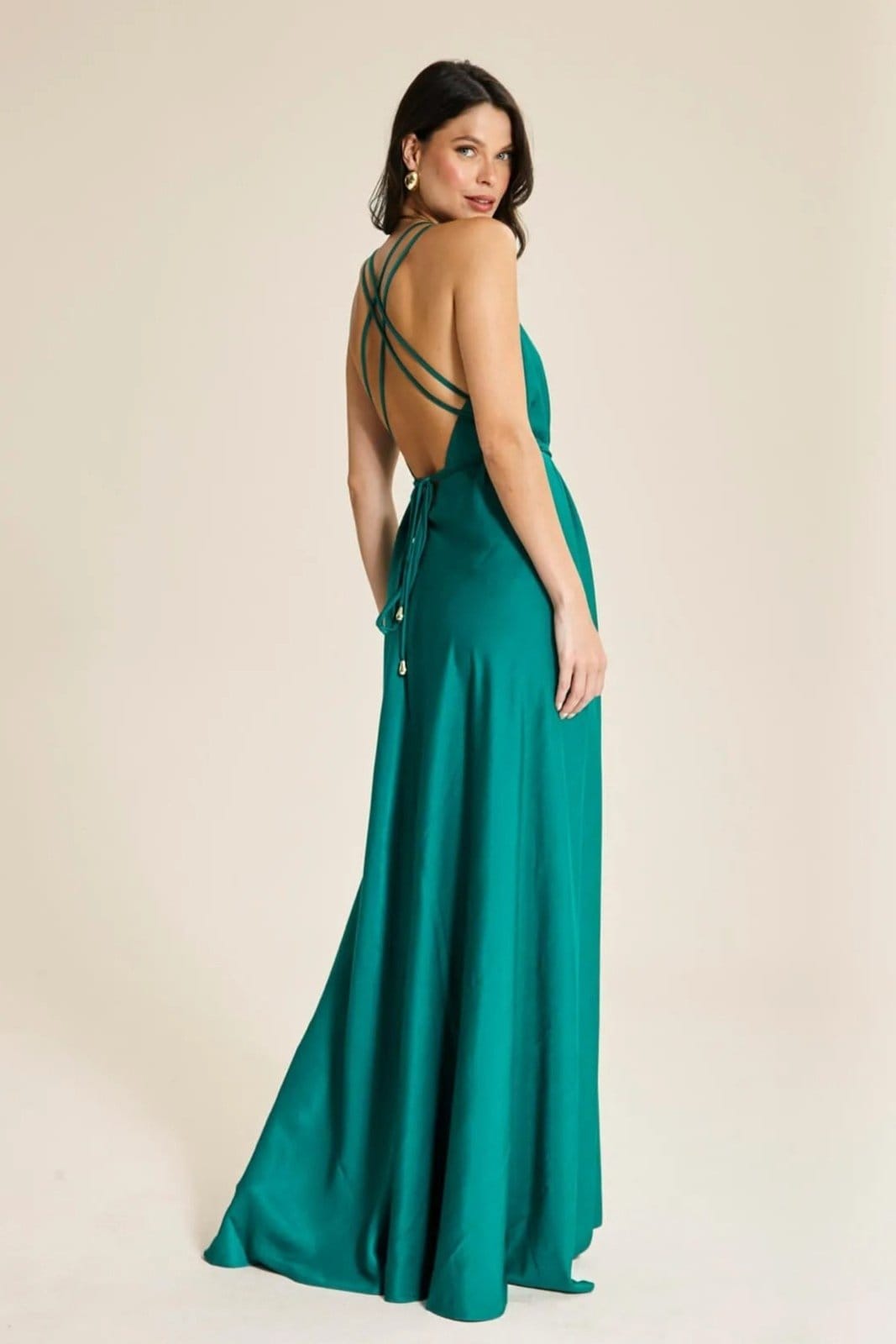 Vista 2 Vestido Longo Crepe Alças Finas Havai Festa Savage VIC BRAND verde