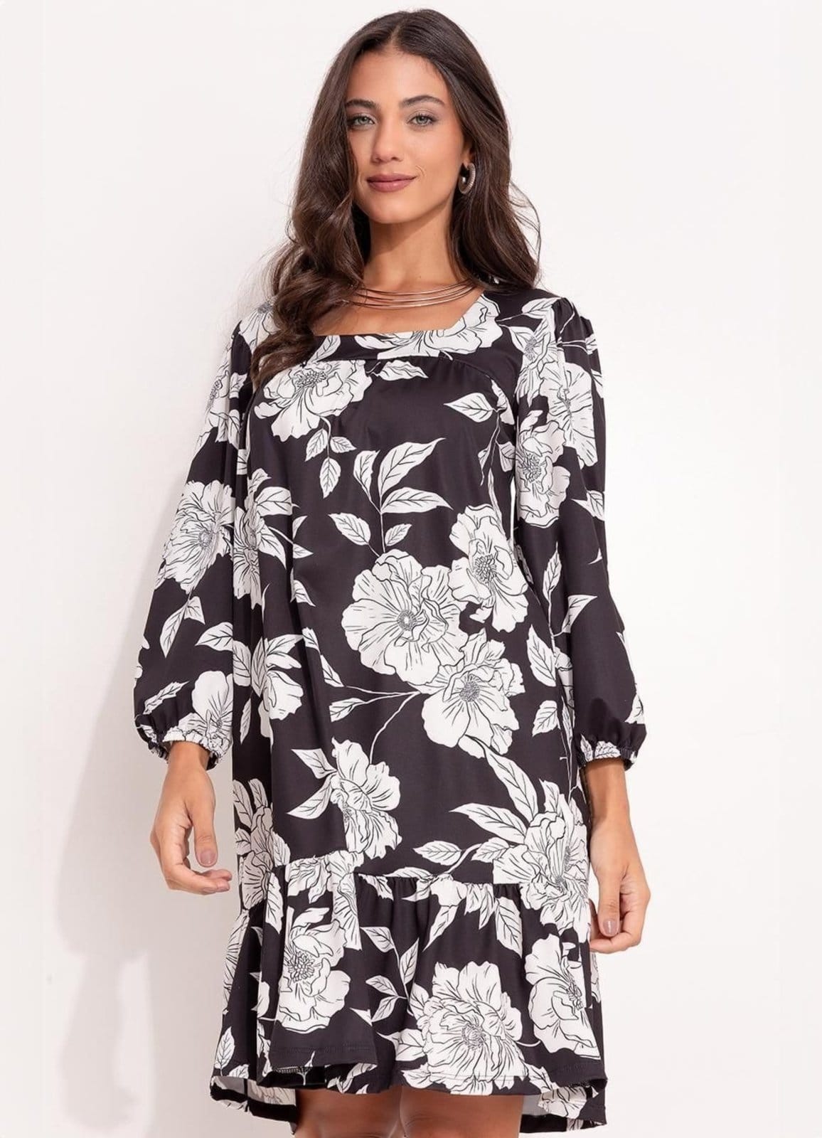 Vestido Feminino Floral E Branco Em Malha Fria