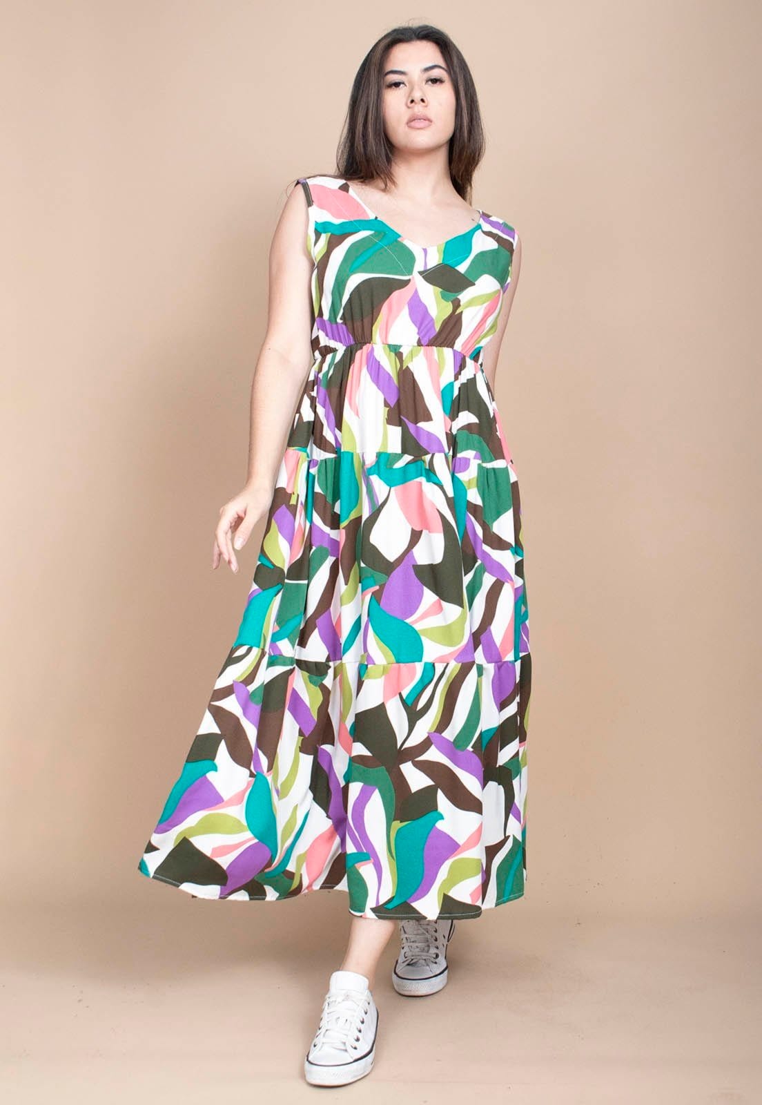 Vista 2 Vestido Cabanafree Regata Longo Peri Viscose Camadas Estampa Encanto Botãnico Cabanafree azul/estampado/laranja/off-white/verde