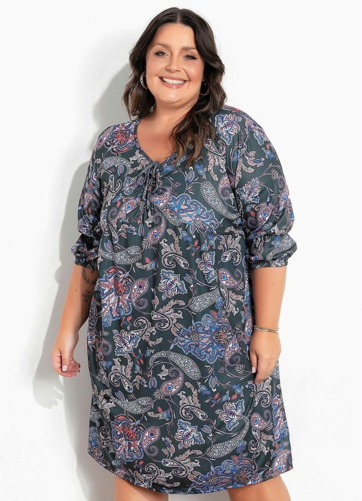 Vestido Com Drapeado Plus Size Arabescos