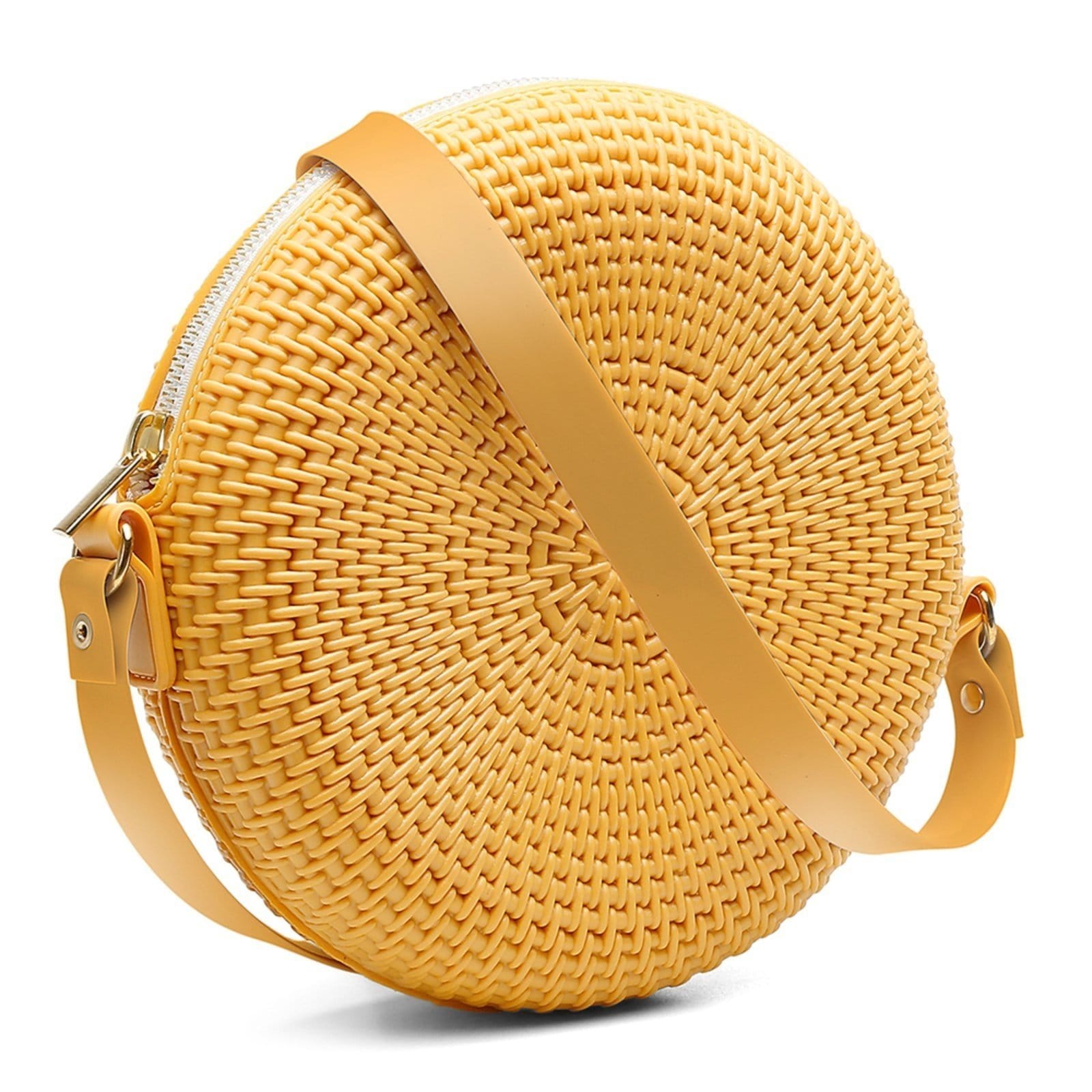 Vista 2 Bolsa Transversal Tiracolo Feminina Redonda Casual Pvc Mostarda Rute Paula amarelo