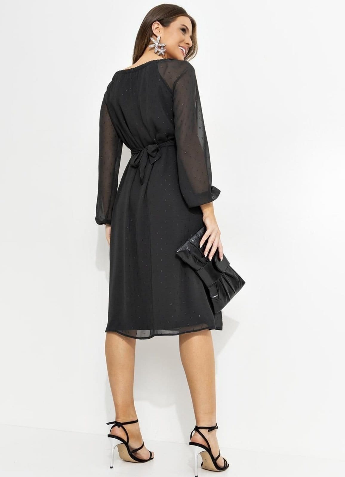 Vista 2 Vestido Feminino Em Chiffon Com Fio Metalizado Quintess preto