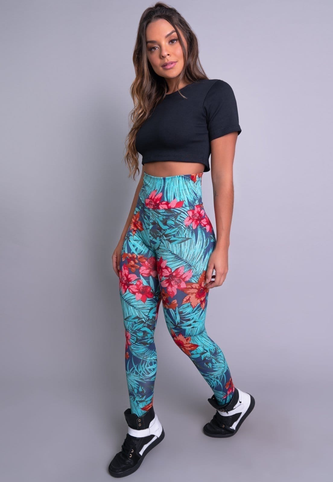 Vista 2 Calça Legging MVB Modas Cintura Alta Amazonia Mvb Modas azul/estampado/multicolorido/verde