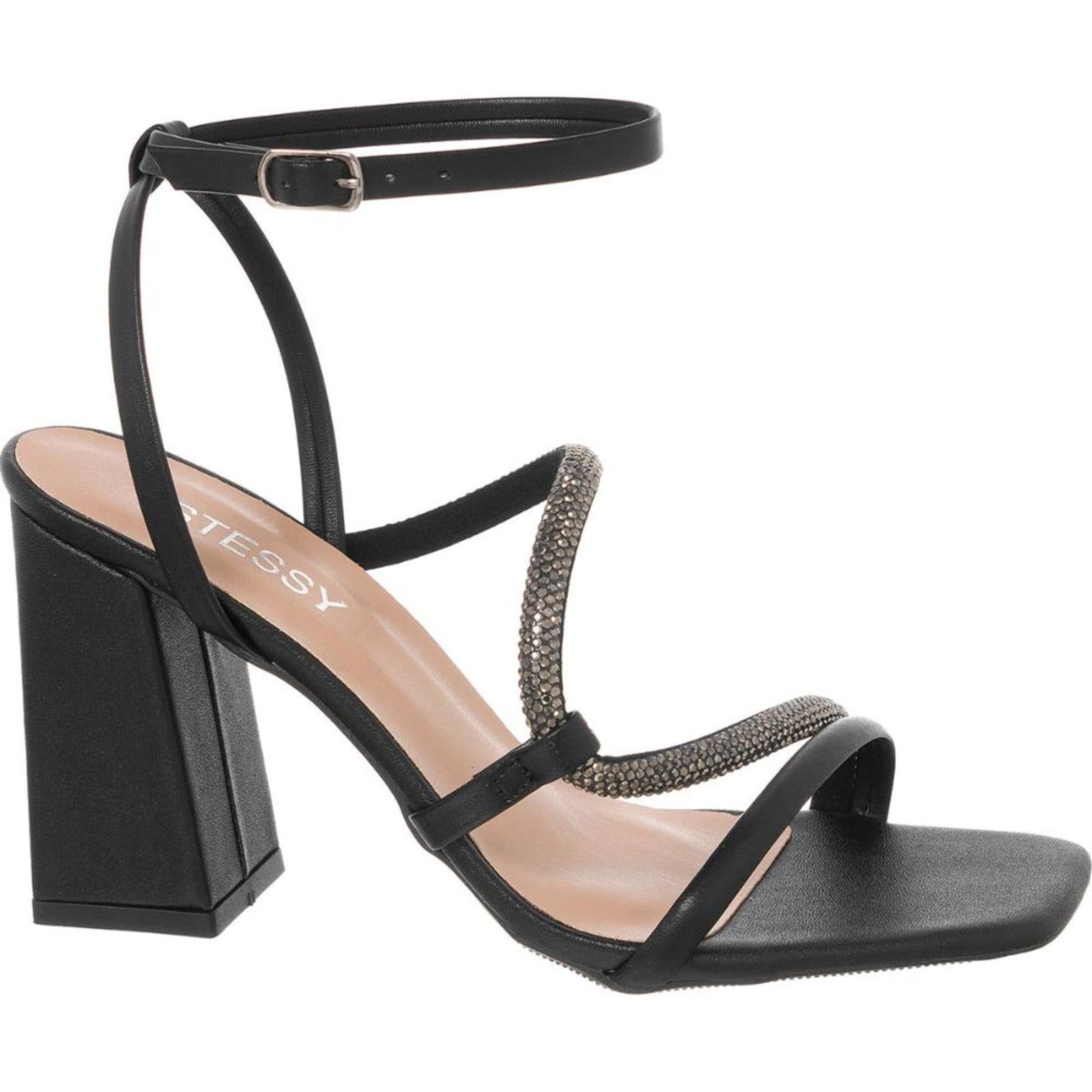 Vista 2 Sandália Feminina Brilho Salto Alto Grosso Confortável Original Preta Stessy Shoes preto