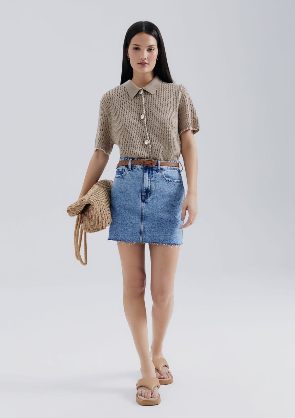 Vista 2 Saia Jeans Cintura Média Barra A Fio Hering azul