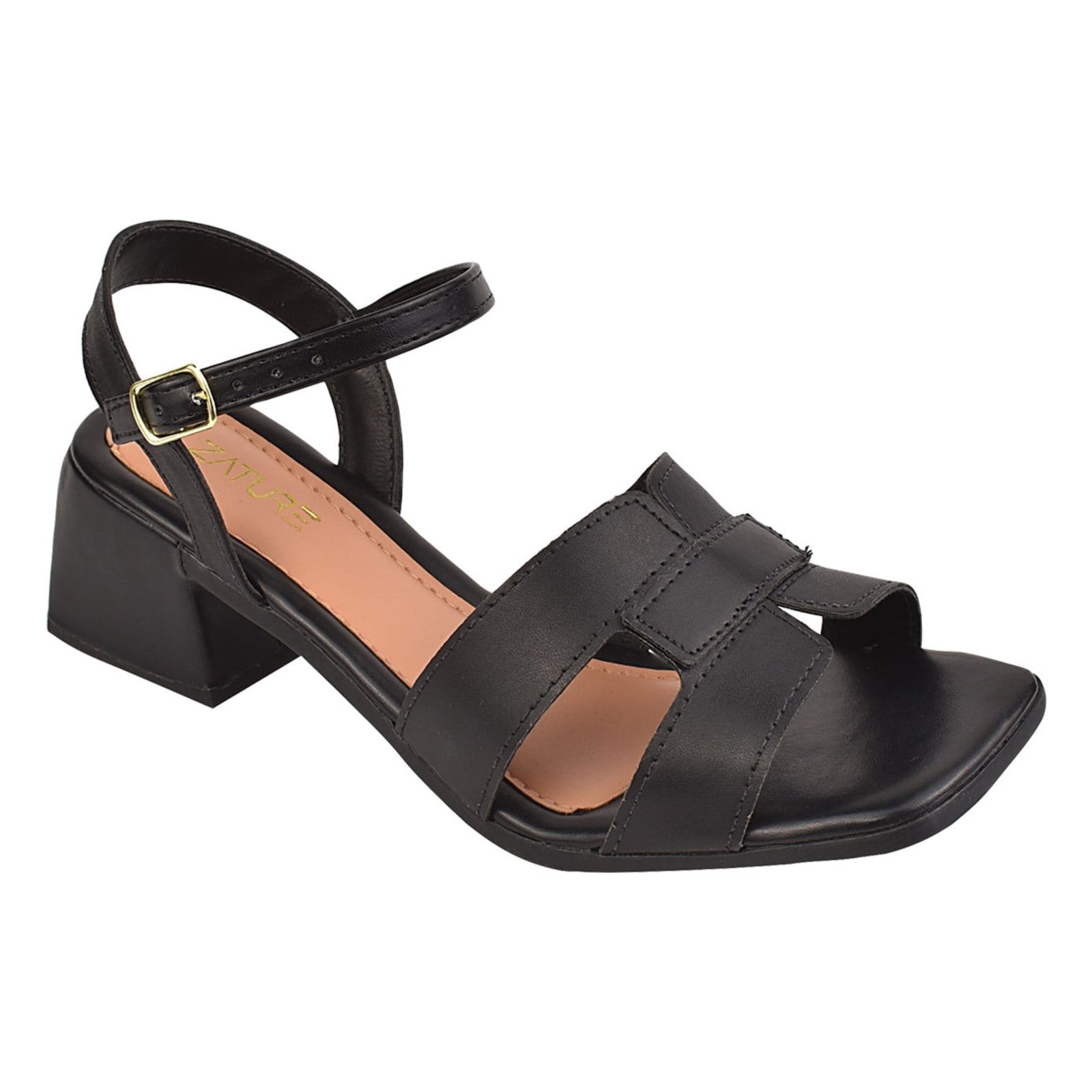 Vista 2 Sandália Feminina Casual de Salto Grosso Bloco com Tiras Frontais e Fivela para Conforto Diário ZATURE STORES preto