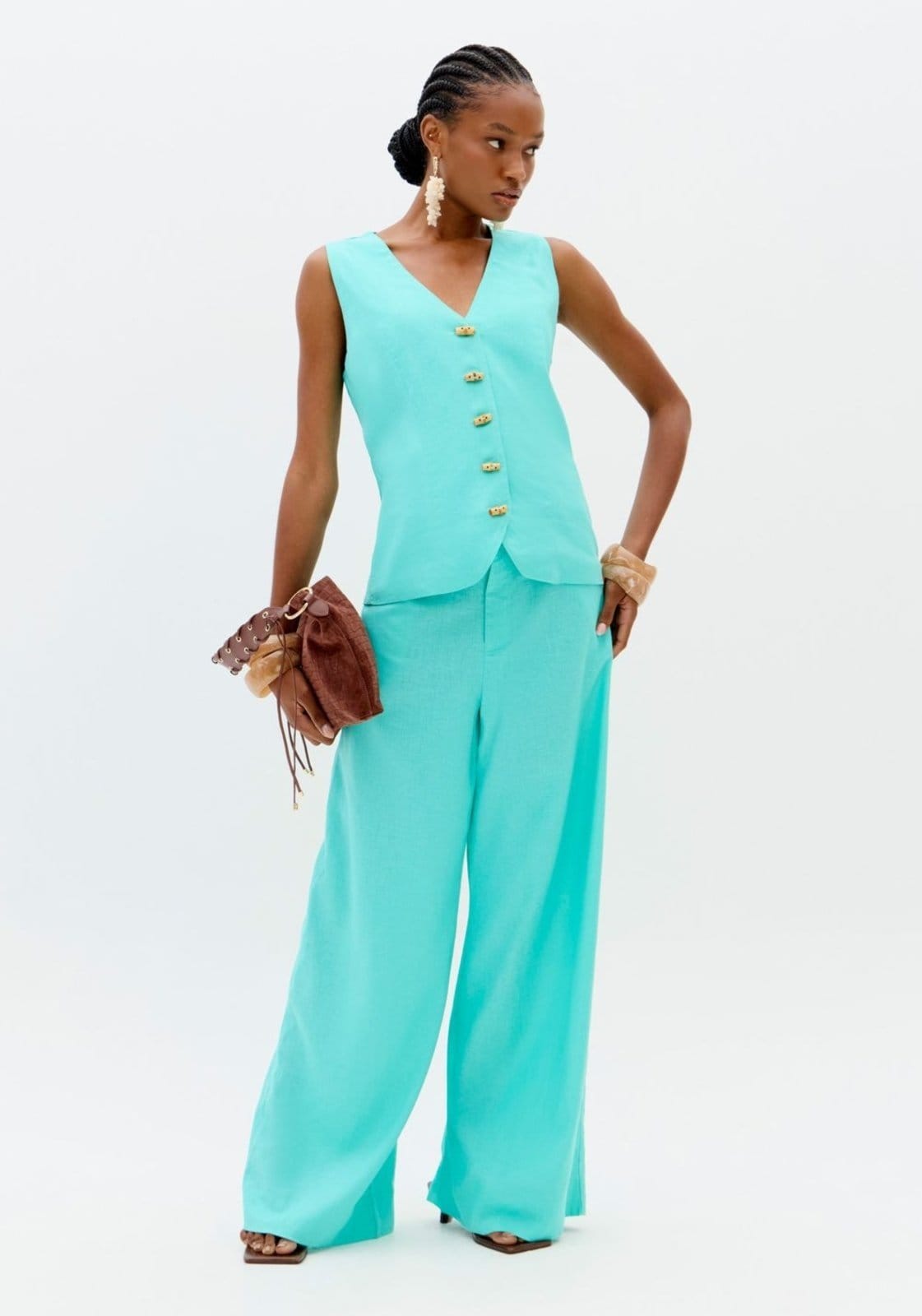 Vista principal Calça Wide Leg Cintura Alta Com Linho Lança Perfume branco