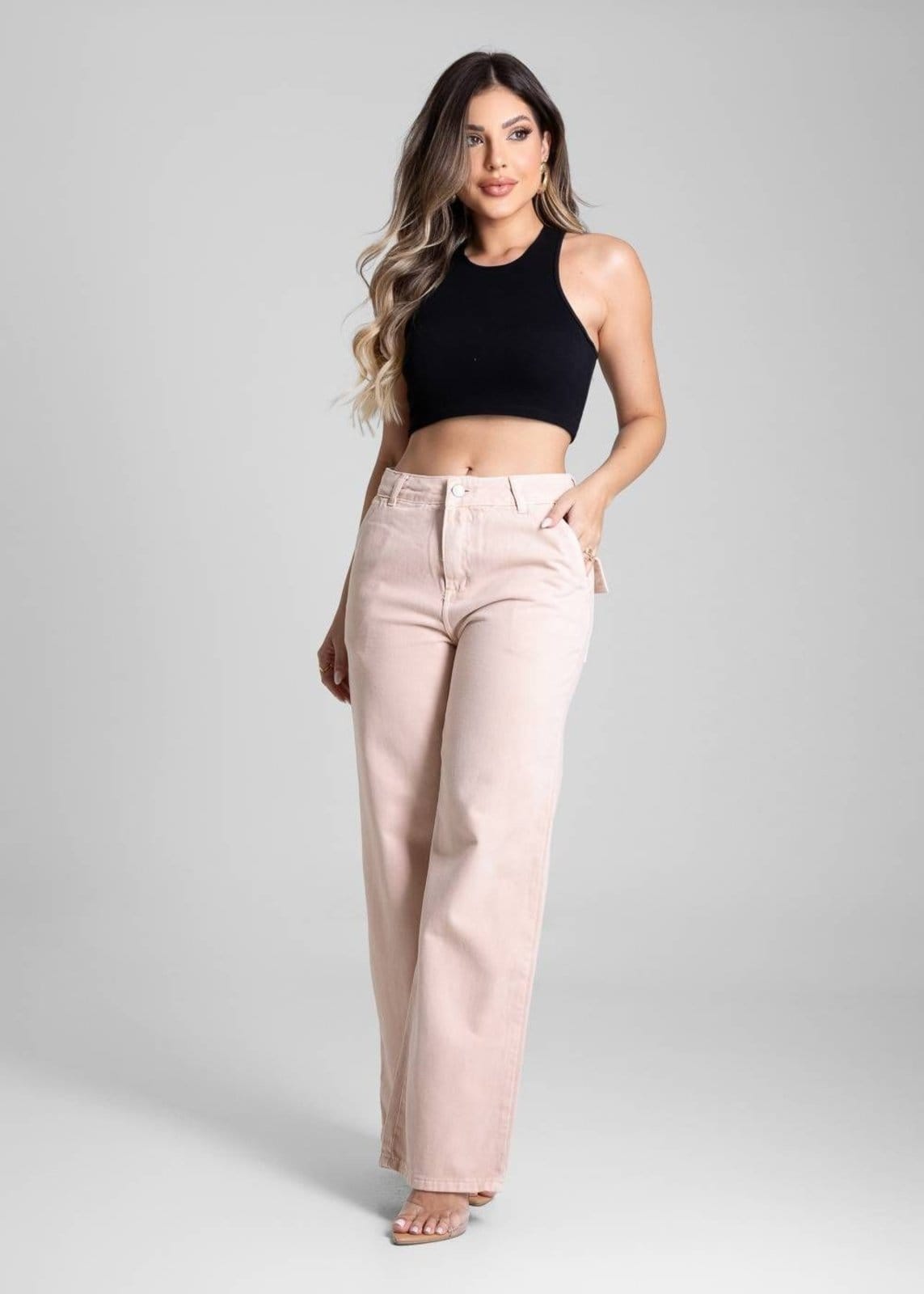 Vista 2 Calça Sarja Sawary Wide Leg Petit - 282210 Sawary rosa