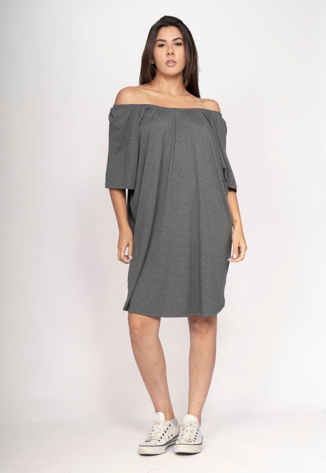 Vista principal Vestido CabanaFree Curto Malha Ombro a Ombro Mullet Amplo Mescla Cabanafree cinza