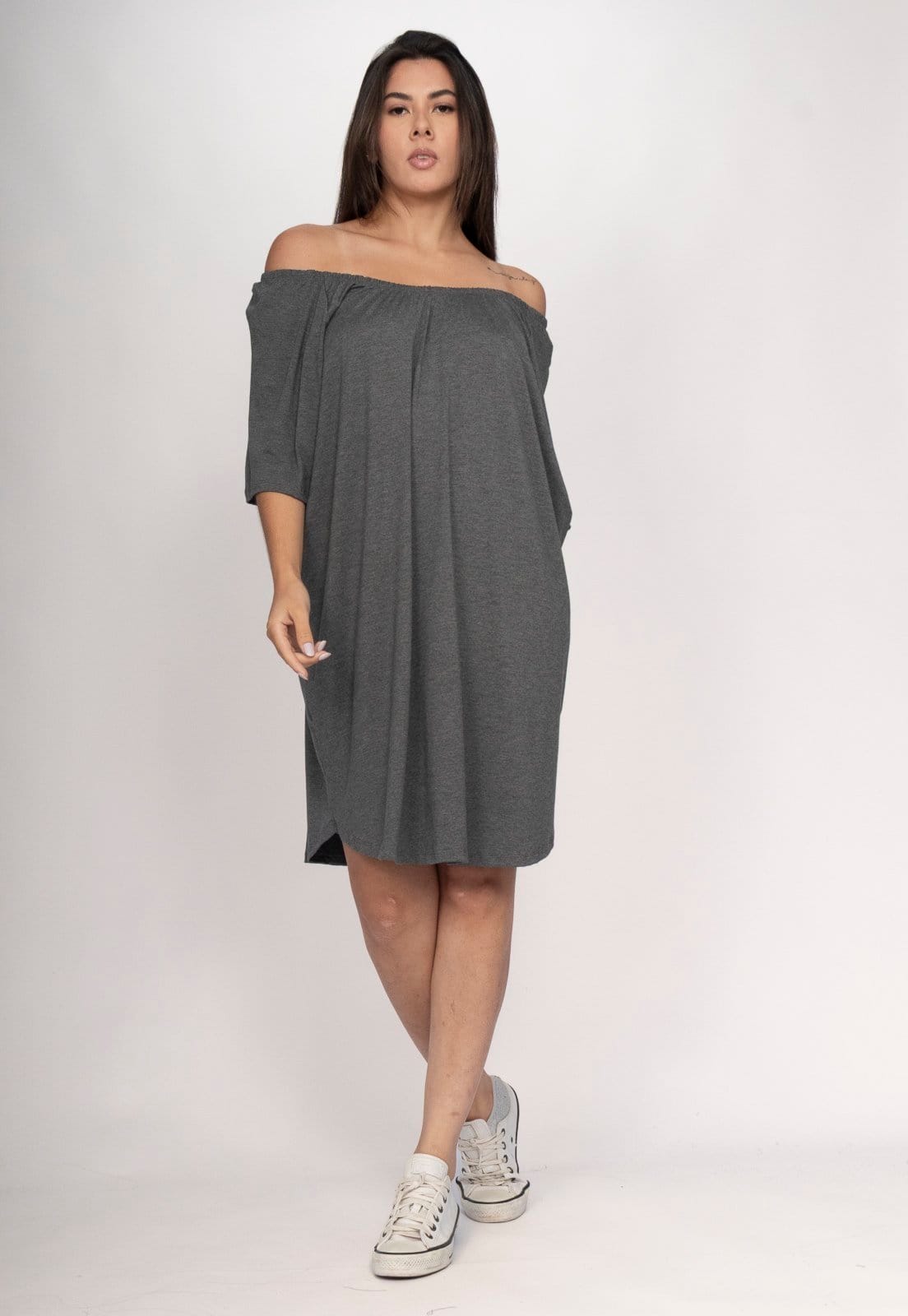 Vista 2 Vestido CabanaFree Curto Malha Ombro a Ombro Mullet Amplo Mescla Cabanafree cinza