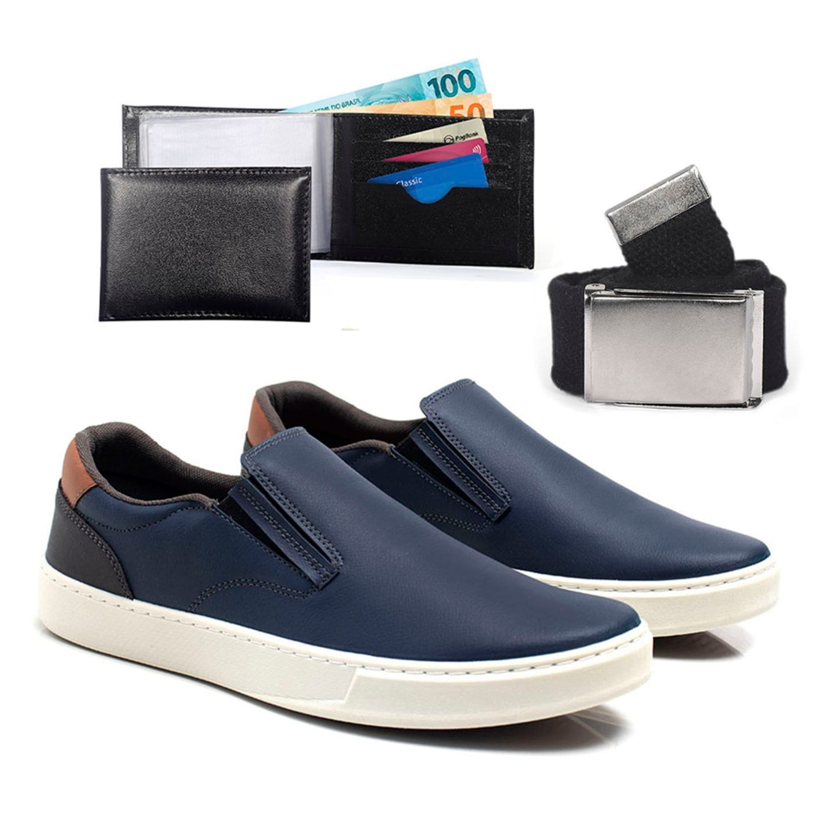 Vista principal Tenis Casual Masculino Slip On Com Carteira E Cinto Confortavel Bredeni Sapatenis Dia A Dia Iate BREDENI azul marinho