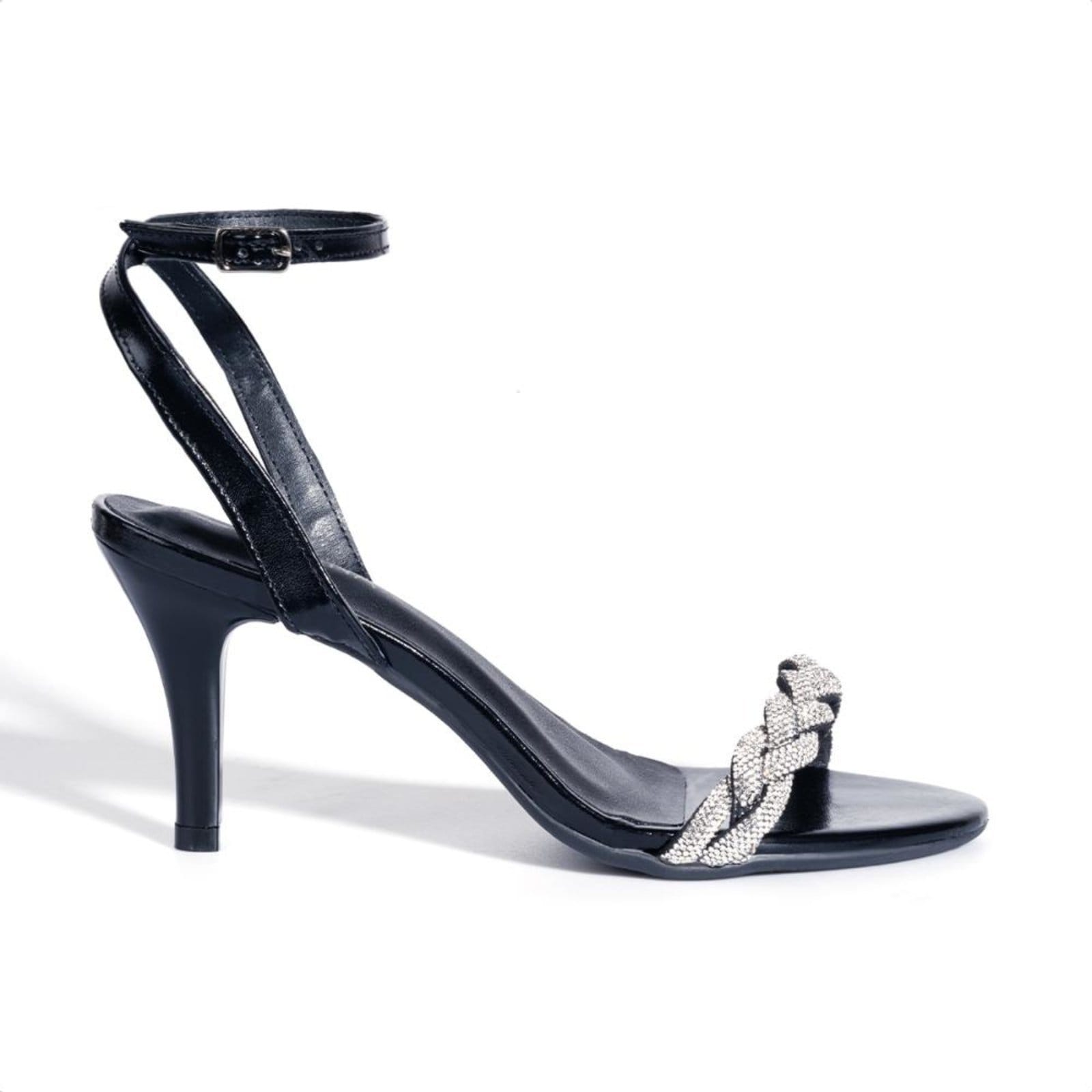 Vista 2 Sandália Feminina Salto Fino Com Tira Em Strass Brilhante Preta Domidona preto