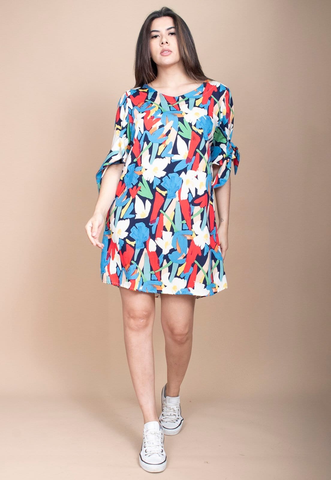 Vista principal Vestido Curto Cabanafree Plano Estampa Floresce Cabanafree estampado/laranja/roxo/verde