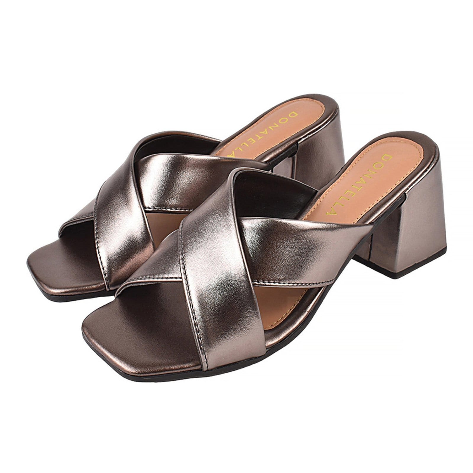Sandália Feminina Tamanco Donatella Shoes Bico Quadrado Salto Alto Cruzada Metalizada