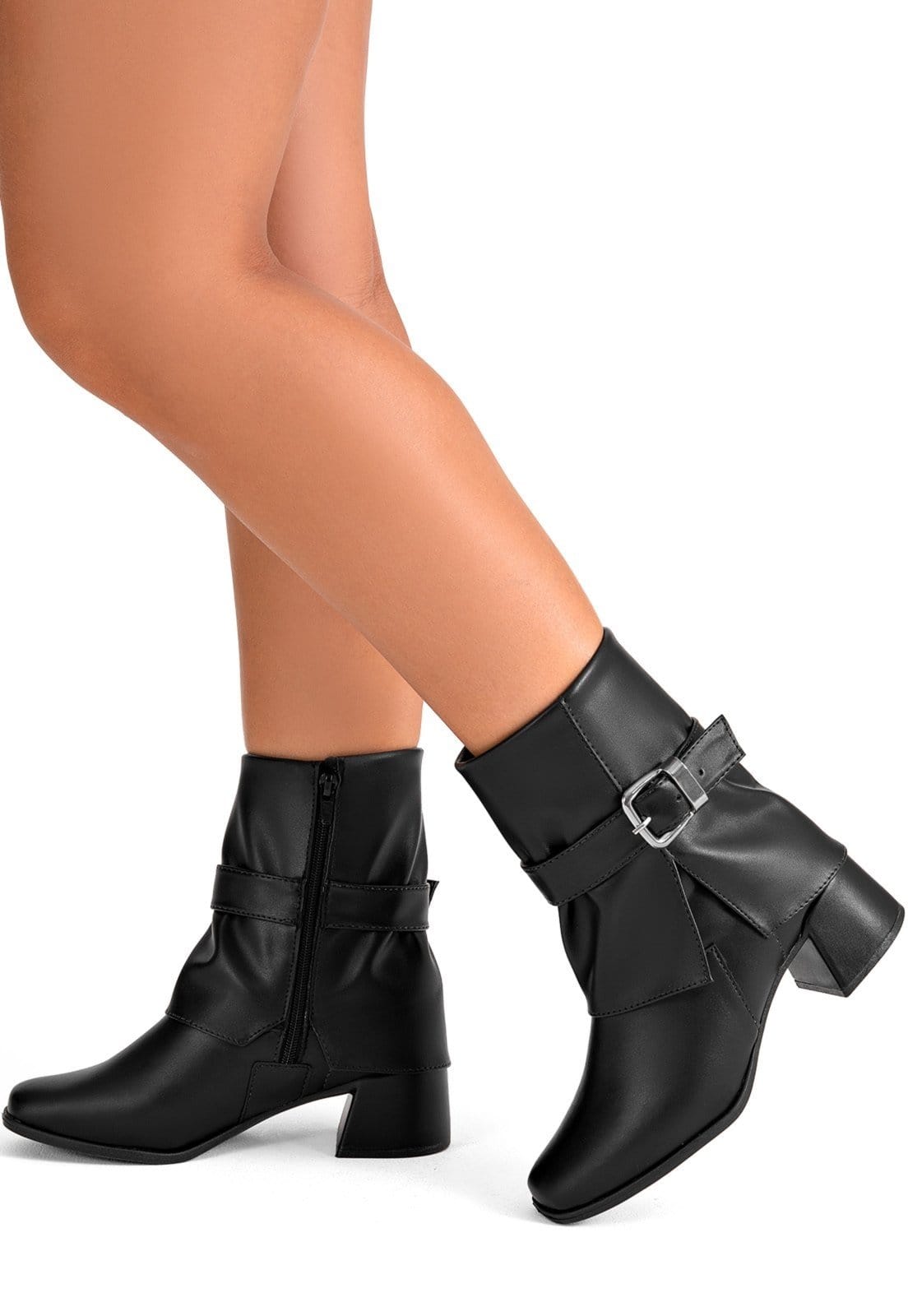 Vista 2 Bota Feminina Lumiss Salto Baixo Grosso Cano Baixo Fivela Bico Redondo LUMISS preto