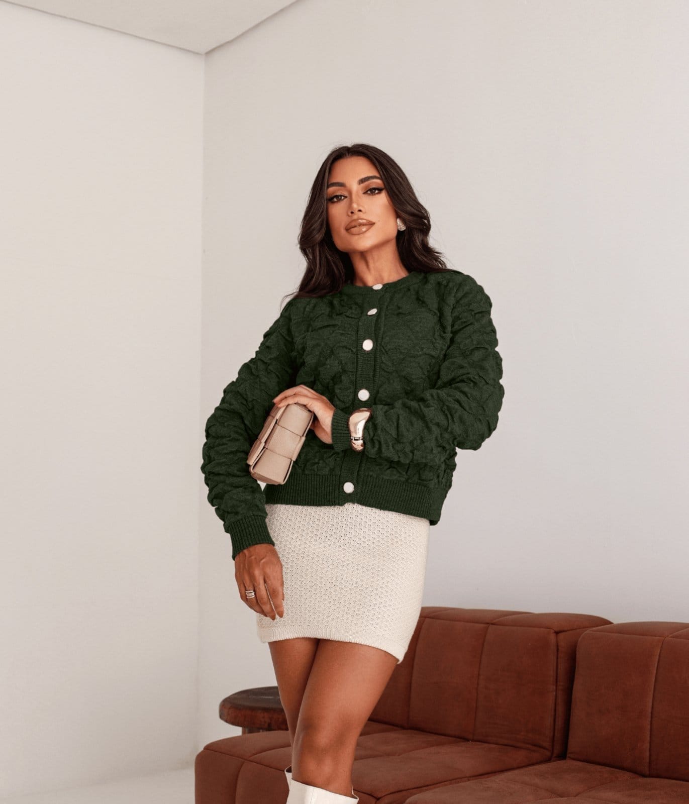 Vista principal Jaqueta Bomber Cherry Line Feminino Tricô Botão Cherry Line verde