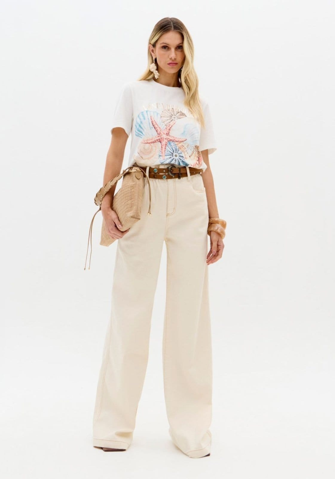 Vista principal Calça Sarja Paper Bag Cintura Super Alta Lança Perfume branco