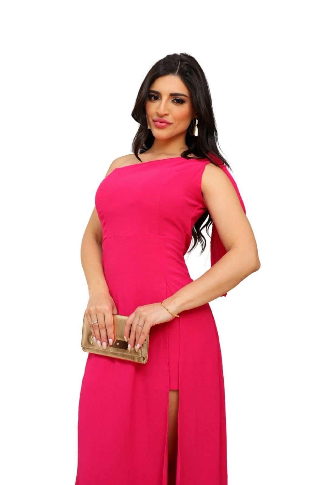 Vista 2 Vestido Longo um Ombro Crepe Com Fenda Vallany Cia do Vestido pink