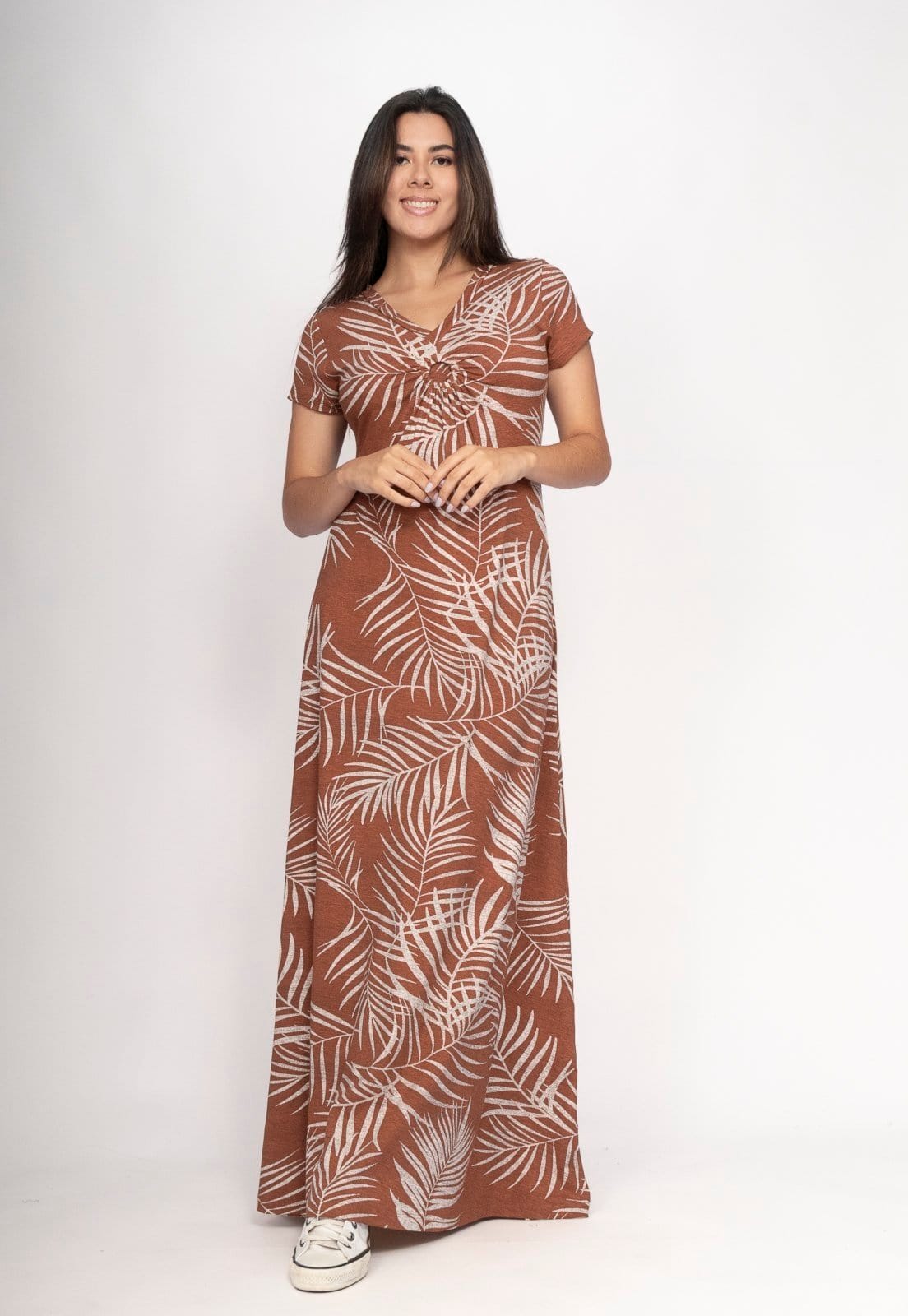 Vista 2 Vestido CabanaFree Coema Longo Malha Detalhe no Busto Palmas da Terra Cabanafree estampado