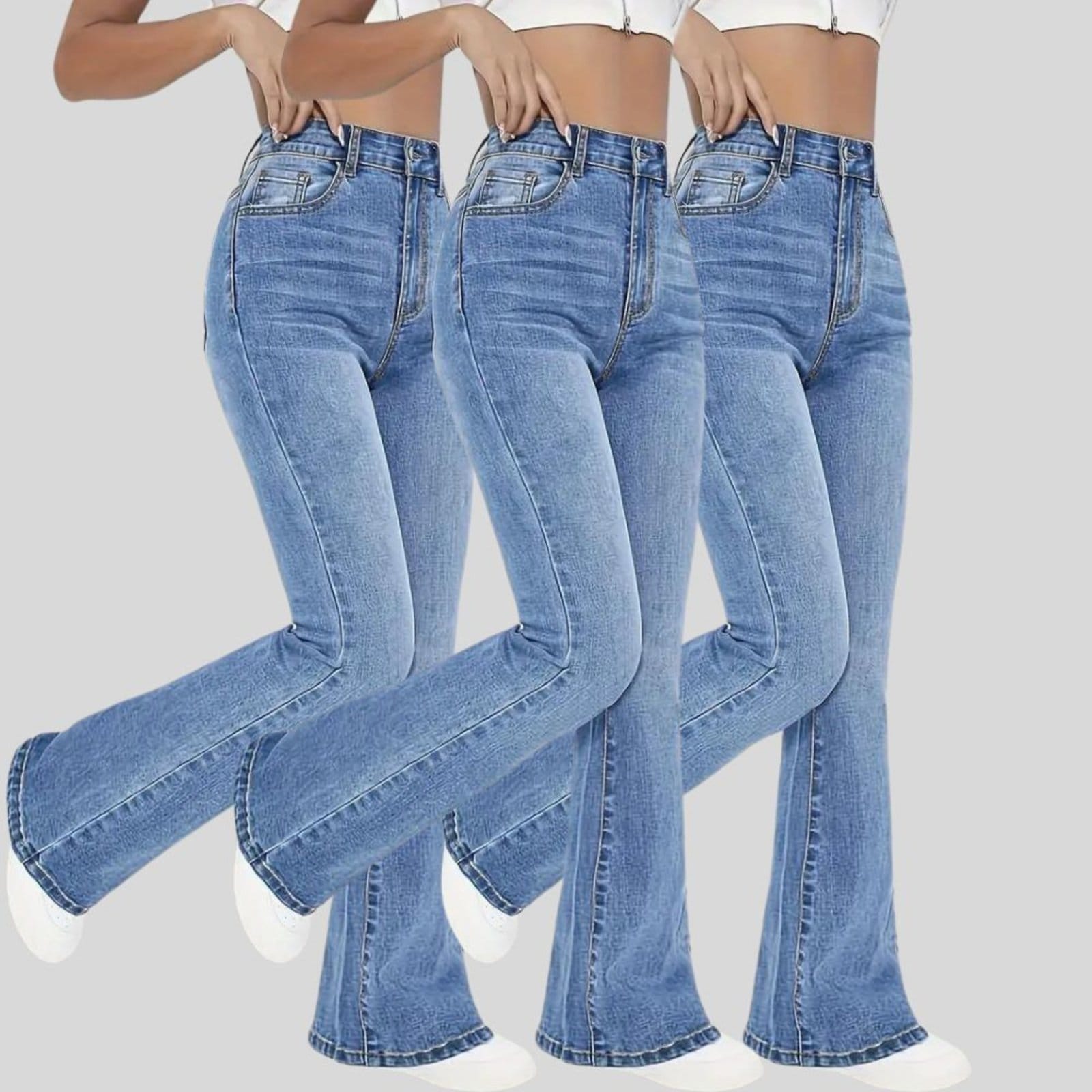 Kit 3 Calça Flare Jeans Feminina Text Jeans Boca de Sino Cintura Alta Modeladora Claro