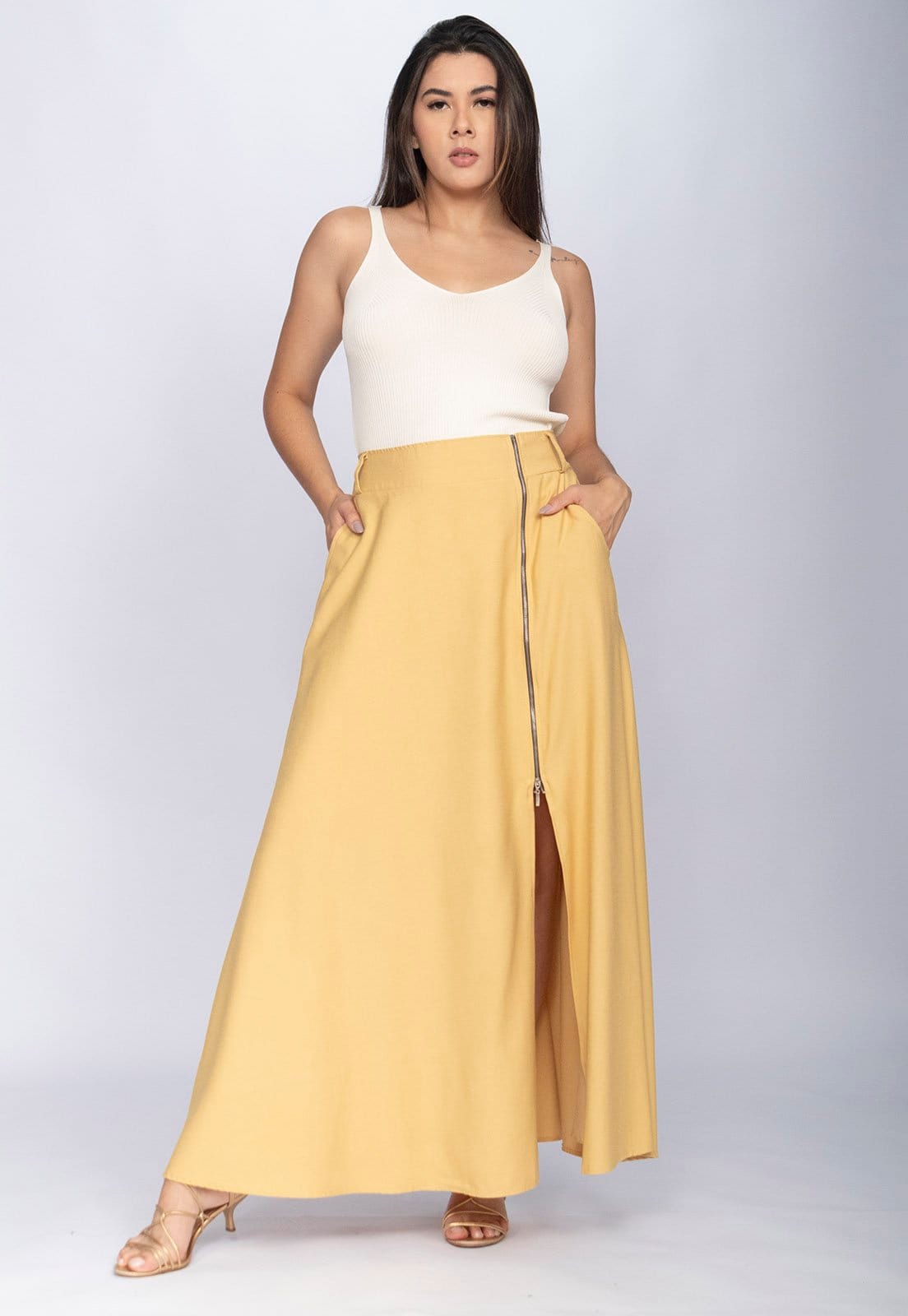 Vista principal Saia Amazônia Vital Midi com Zíper Dijon Amazonia Vital amarelo