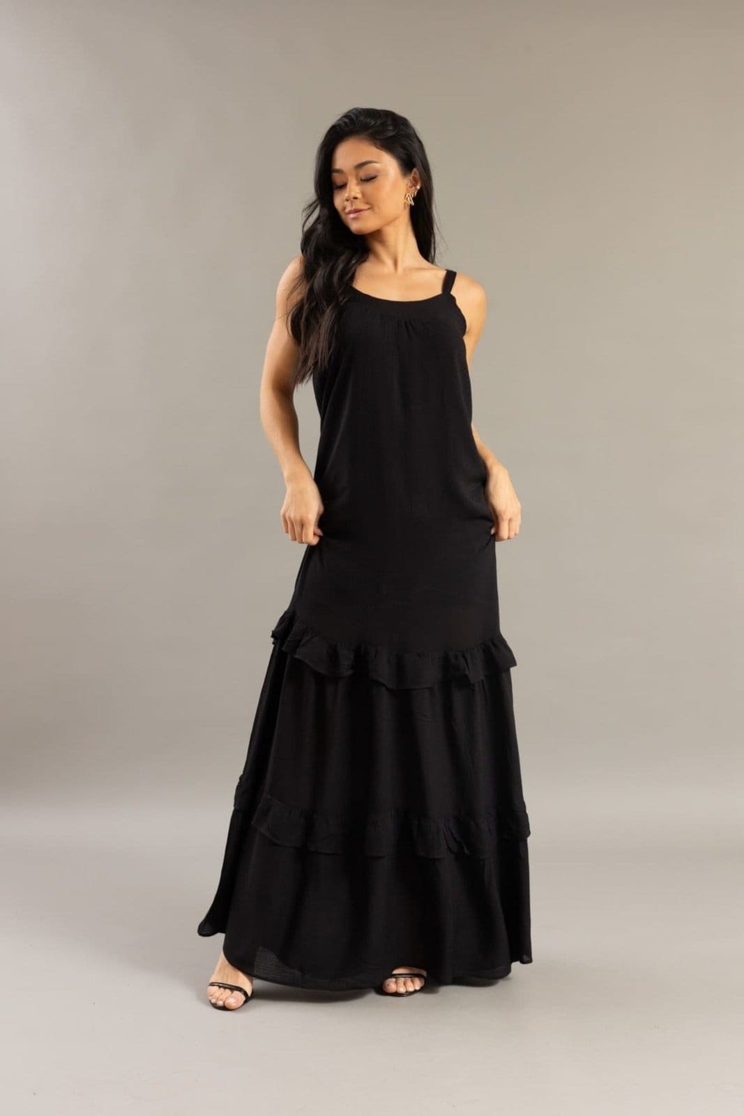 Vista principal Vestido Longo Feminino com Babado Alça Fina Lemier Collection LEMIER preto