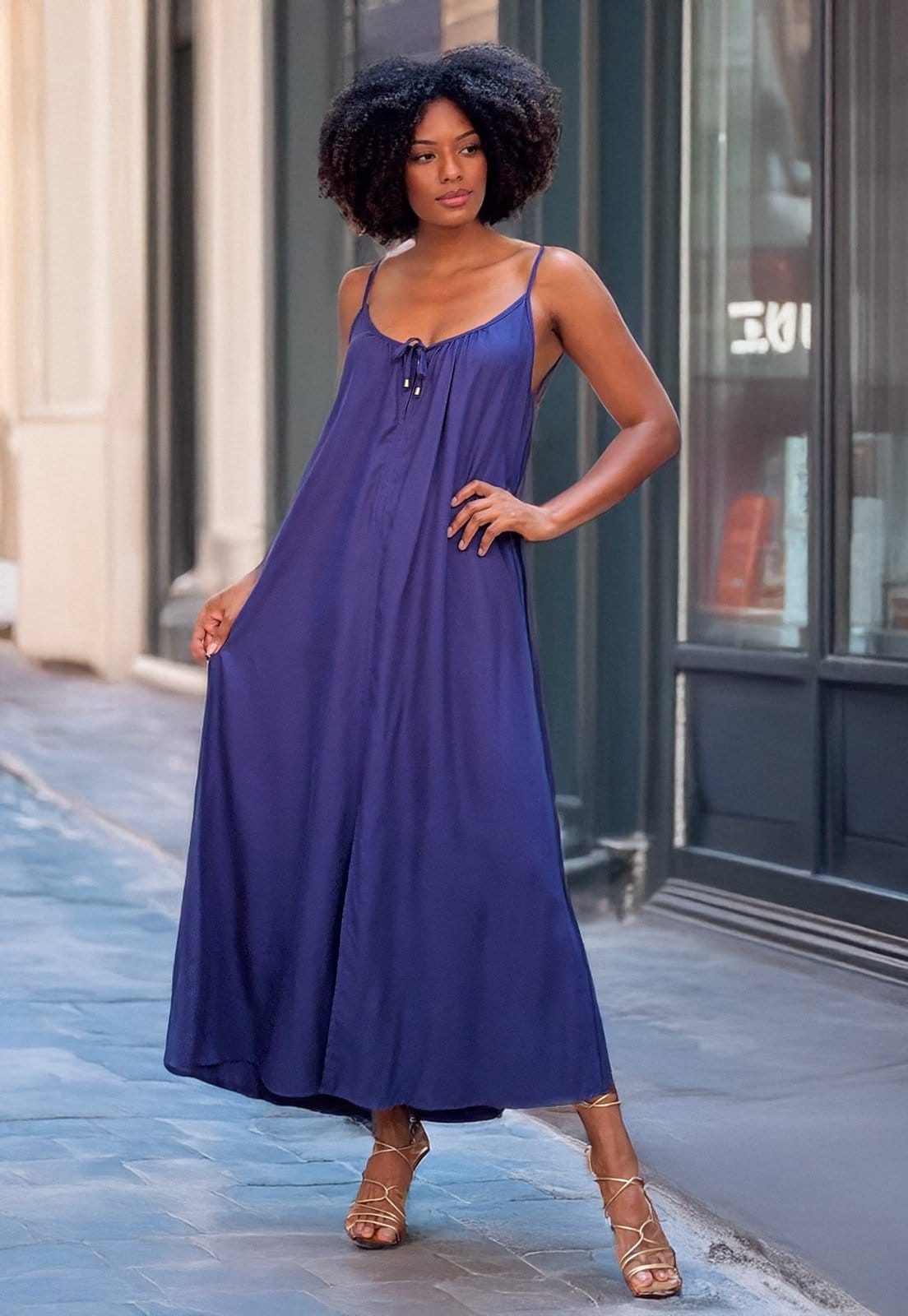 Vestido Longo Amazonia Vital Caçuá Viscose Alça Fina Marinho