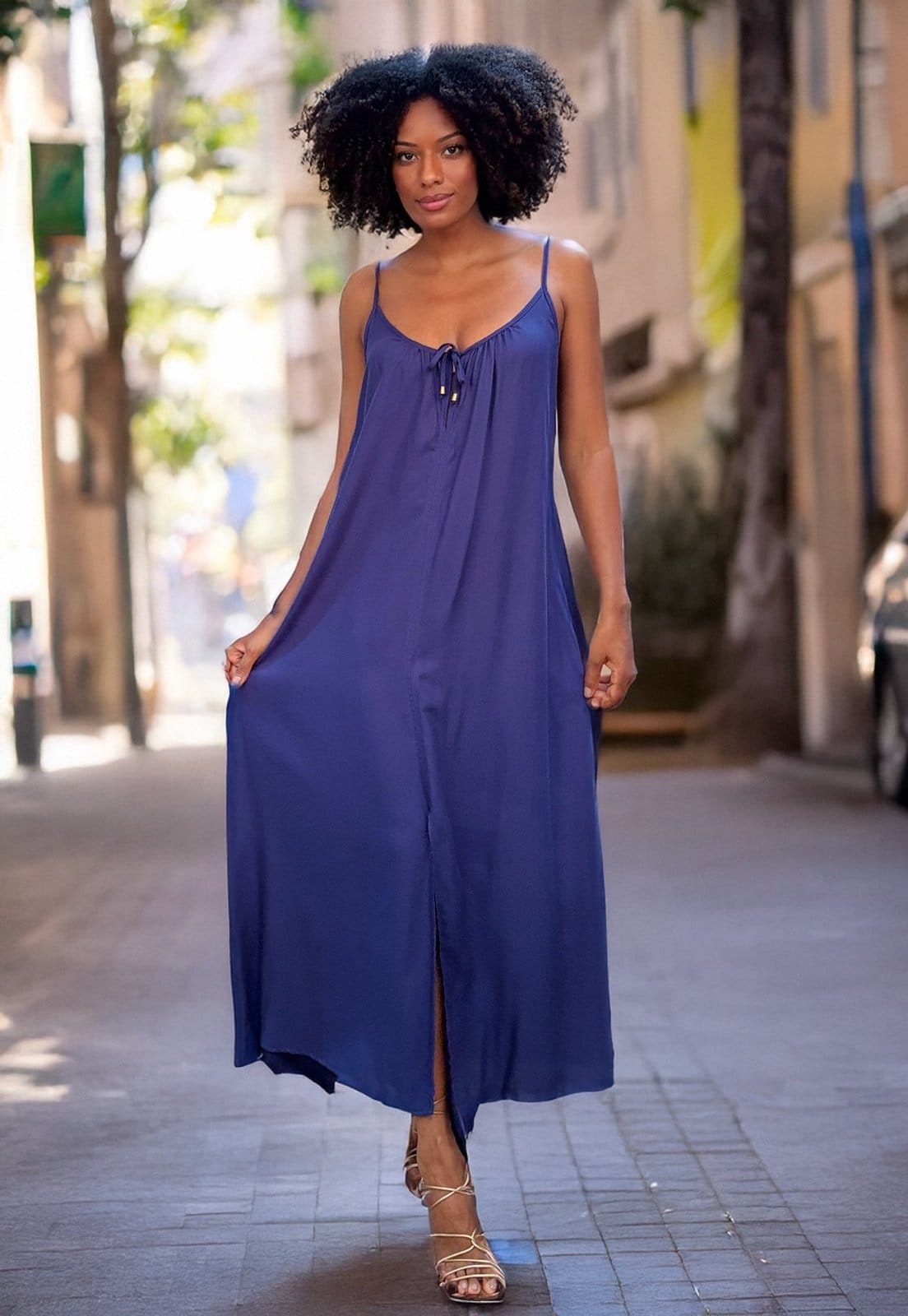 Vista 2 Vestido Longo Amazonia Vital Caçuá Viscose Alça Fina Marinho Amazonia Vital azul