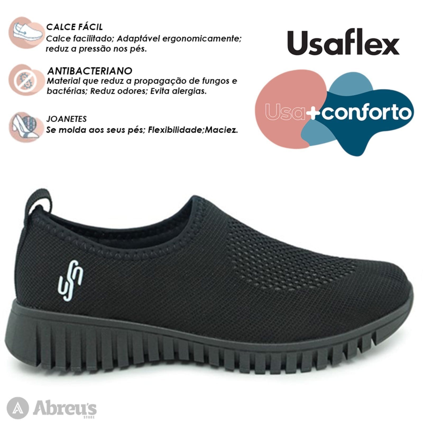 Vista 2 Tênis Feminino Usaflex Slip-on Conforto Tricot AE2208 Sola Preta Usaflex preto