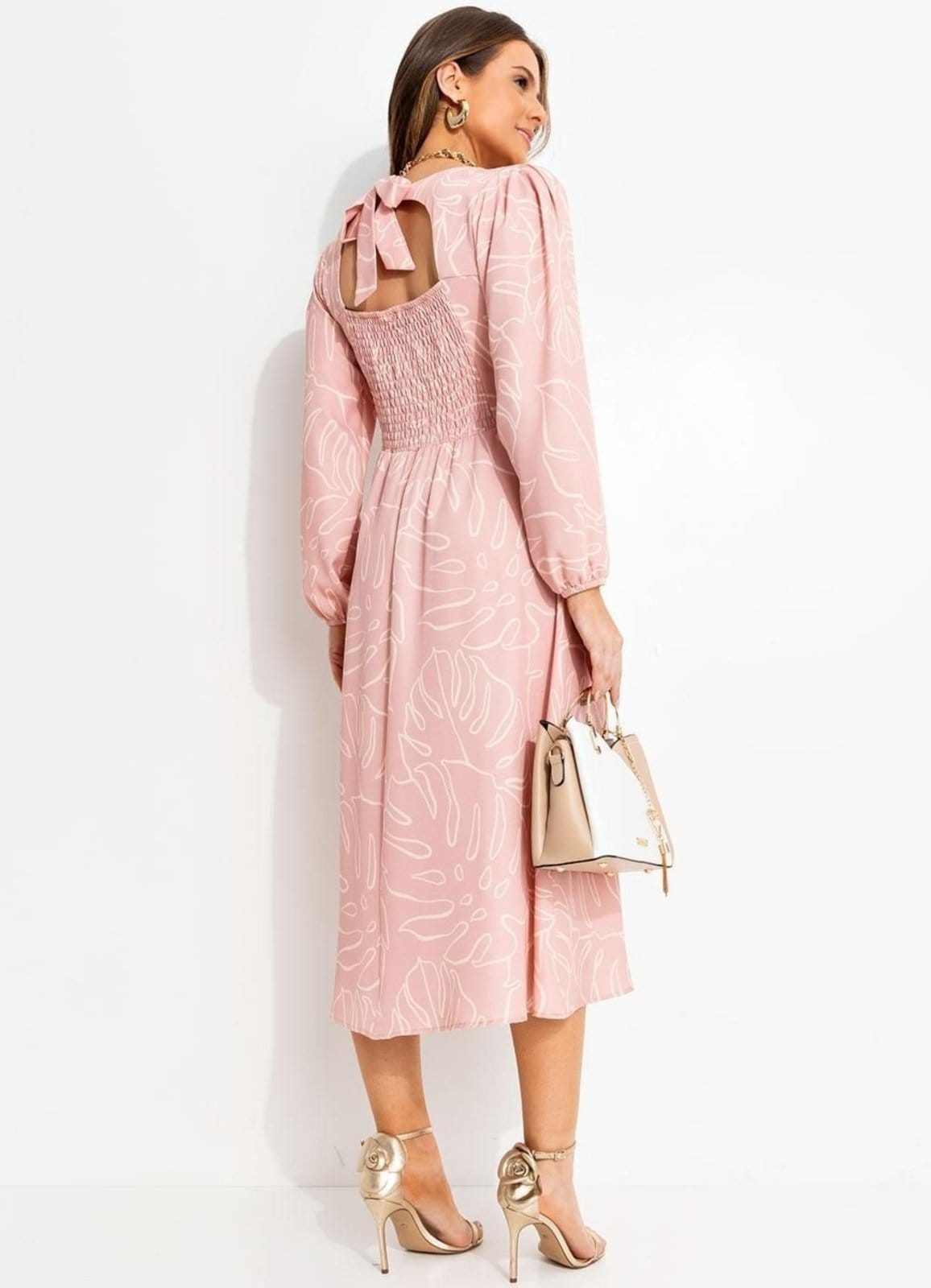 Vista 2 Vestido Feminino Folhagem Em Alfaiataria Sarjada Quintess rosa