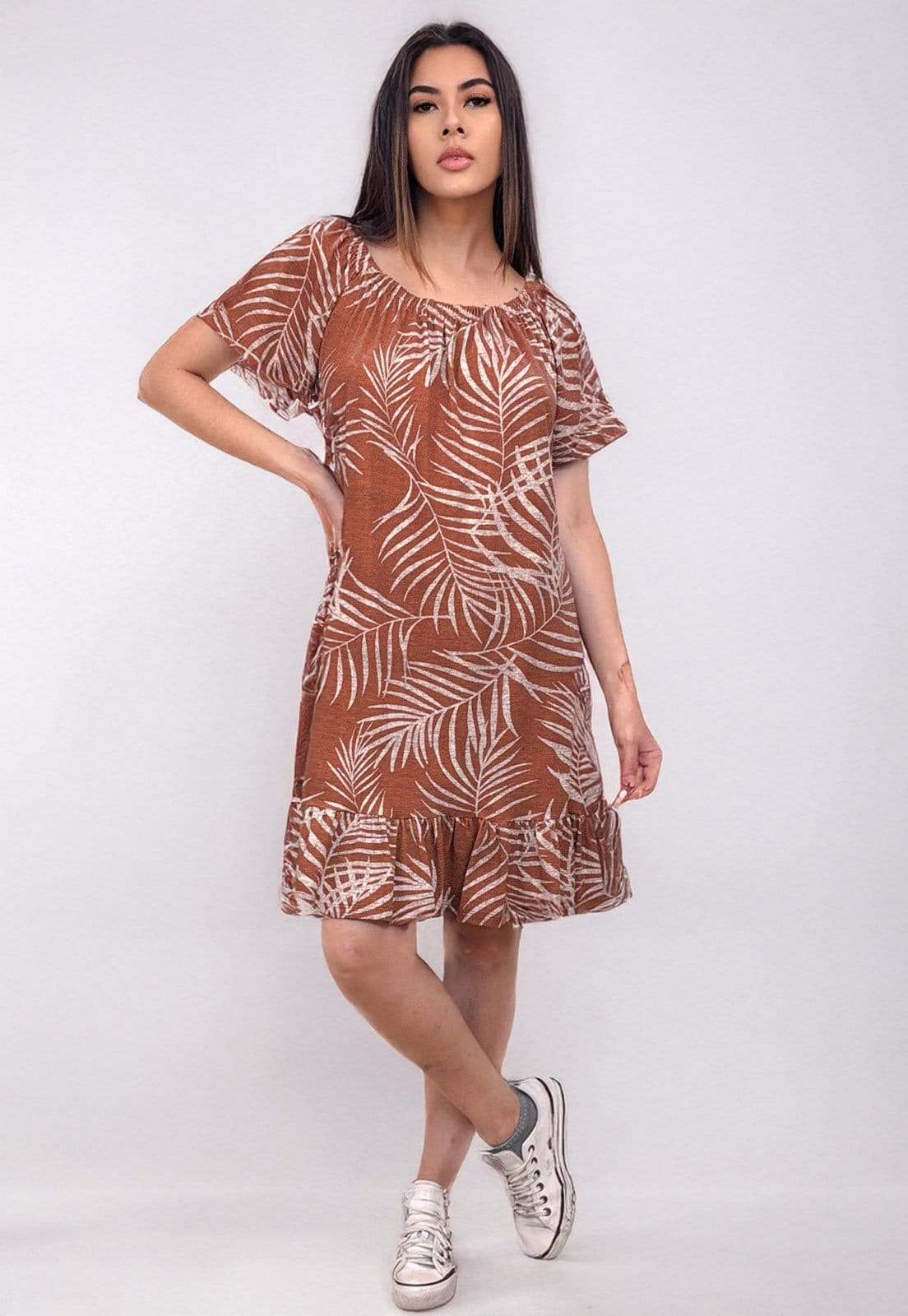 Vista 2 Vestido Curto Cabafree Malha Mullet Ombro a Ombro Amplo Estampa Palmas da Terra Cabanafree estampado/marrom