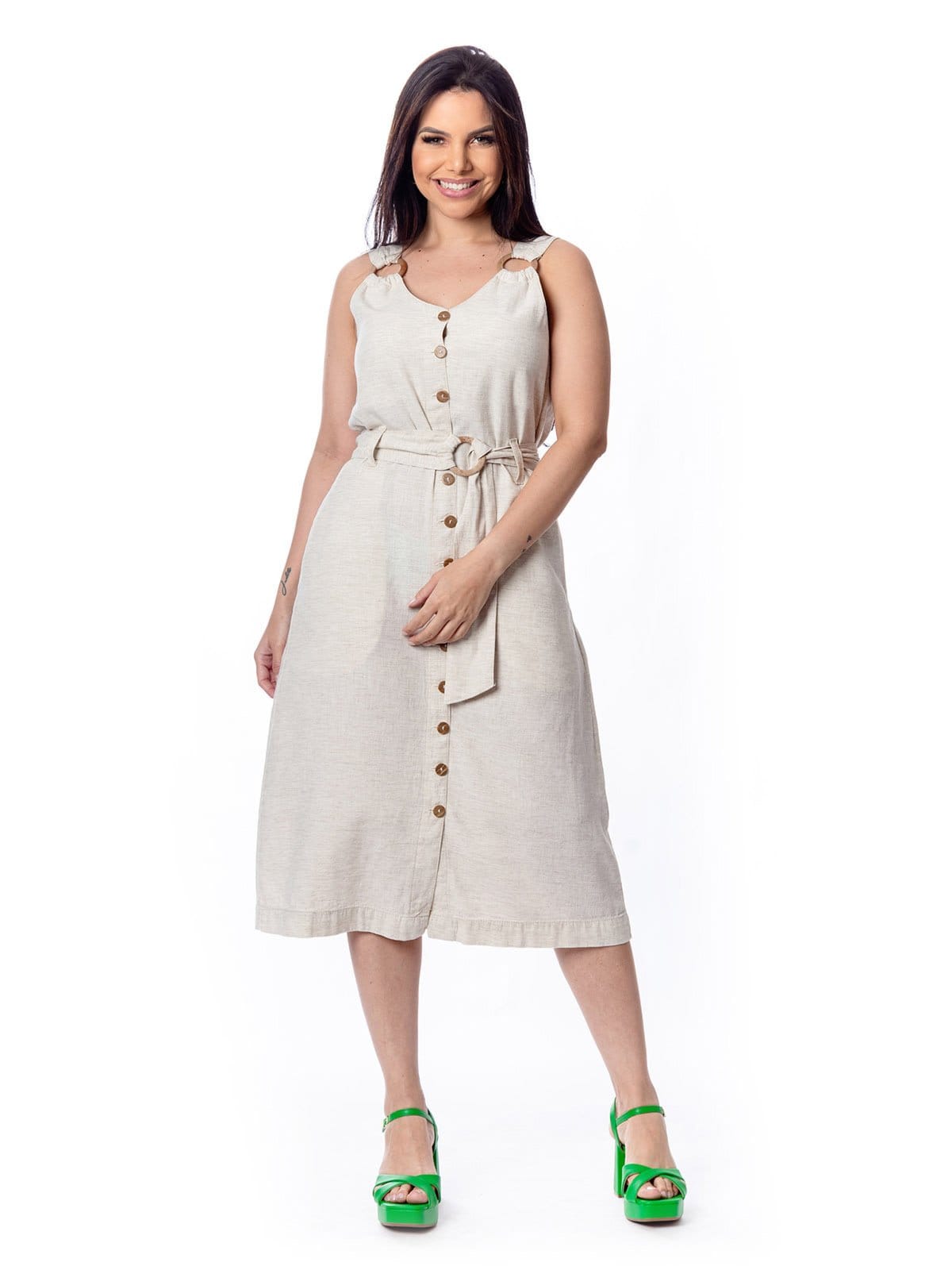 Vestido Midi Restrito Jeans De Linho Com Cintinho